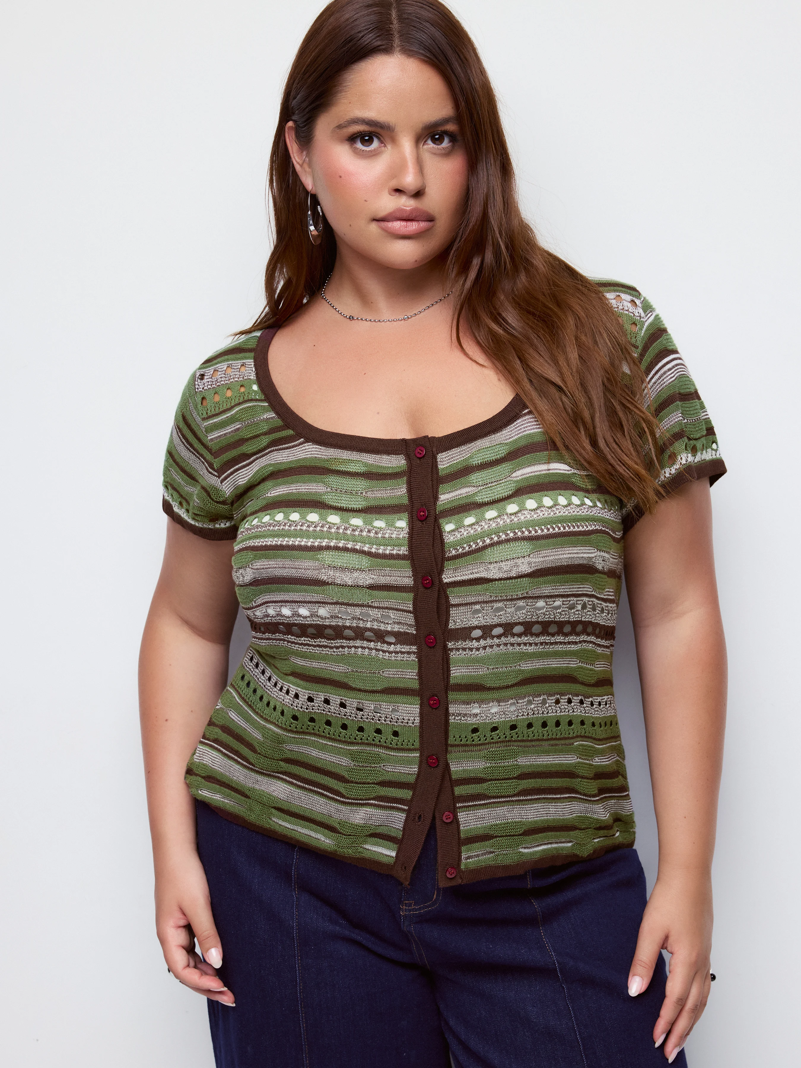 Knit Scoop Neck Short Sleeve Pointelle Hollow Out Cardigan Curve & Plus