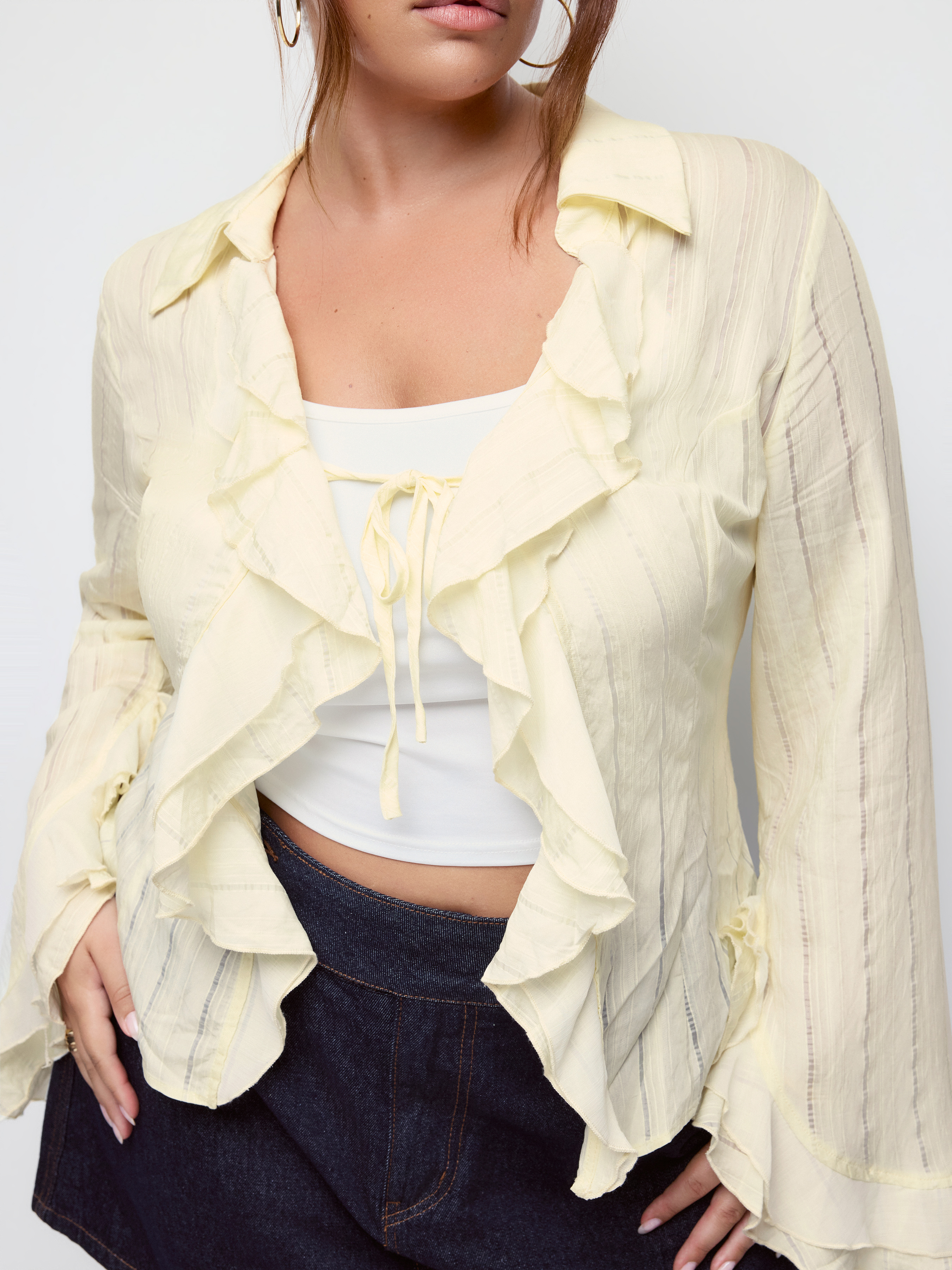 Striped Tie Front Cinched Waist Ruffle Sleeve Blouse Curve & Plus