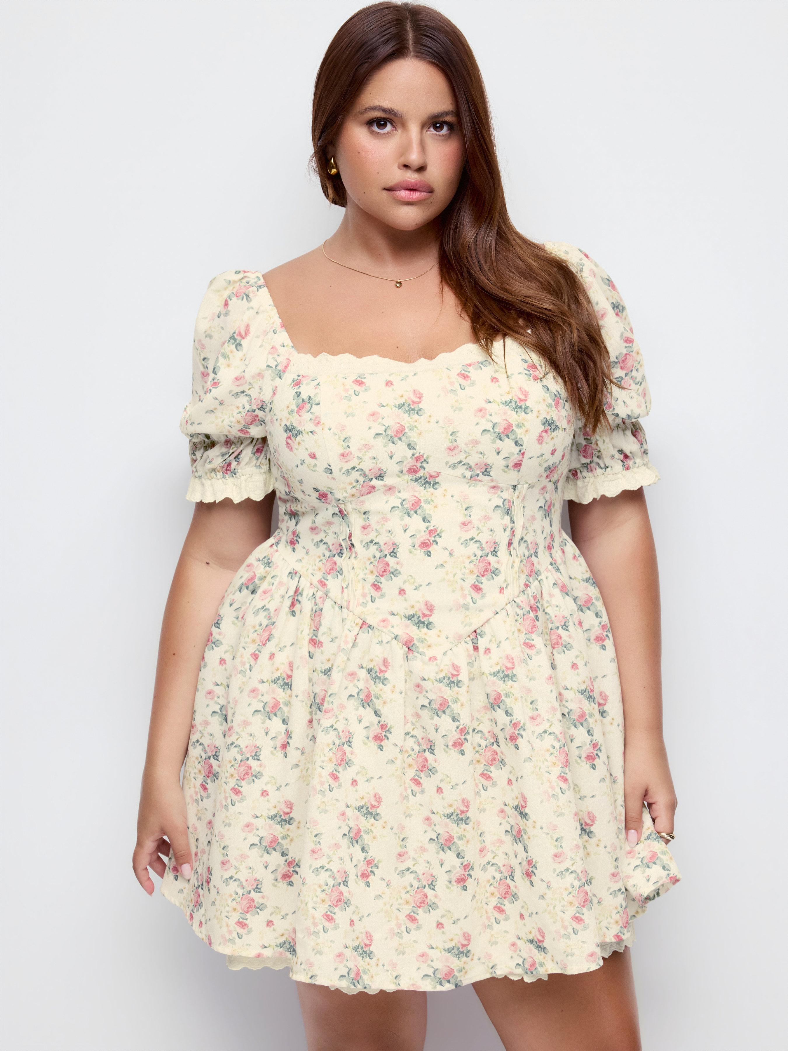 Floral Square Neck Puff Sleeve Shirred Babydoll Mini Dress Curve & Plus