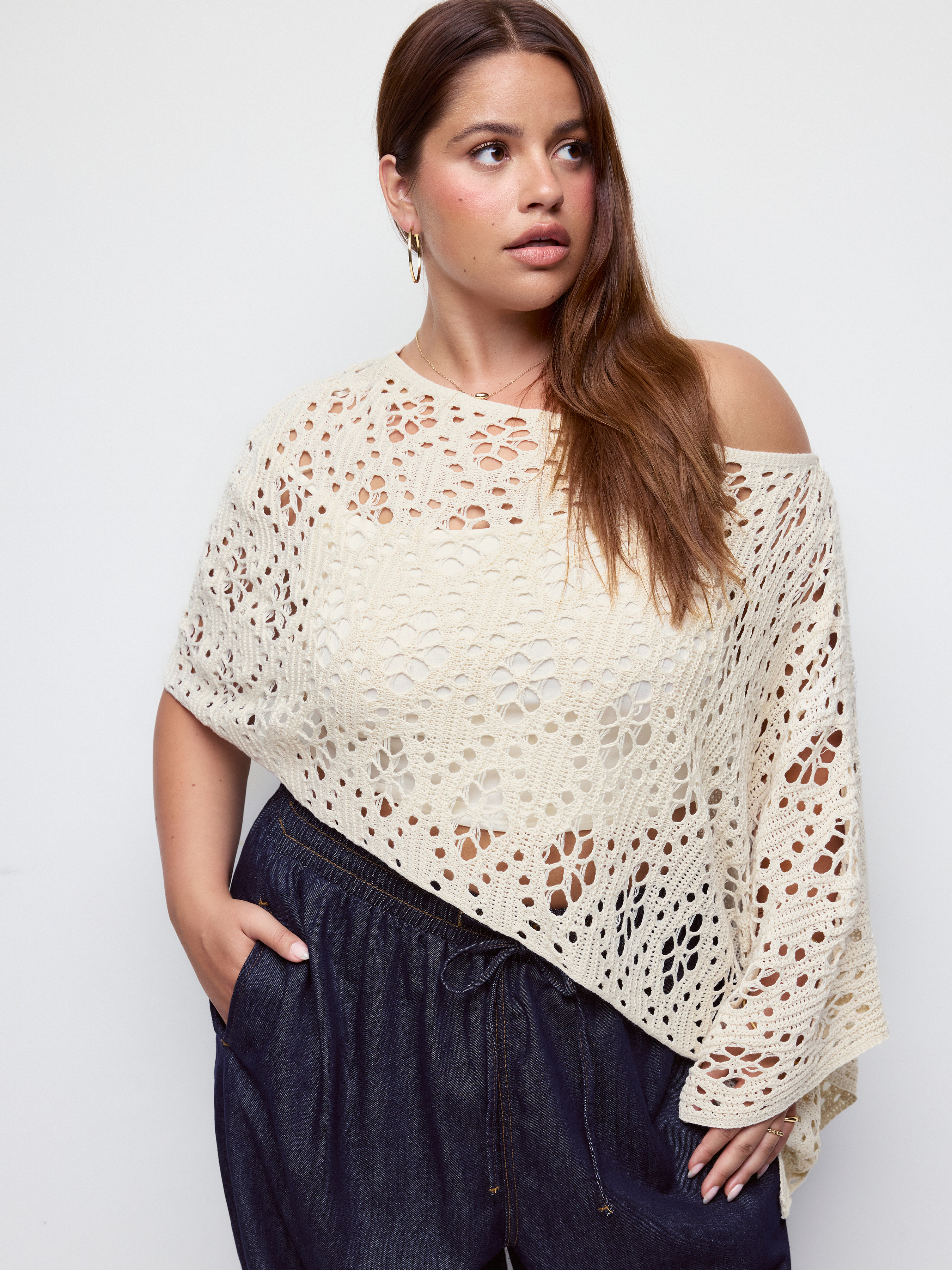 Knit Crochet Asymmetrical Neck Hollow Out Oversized Cape Top Curve & Plus