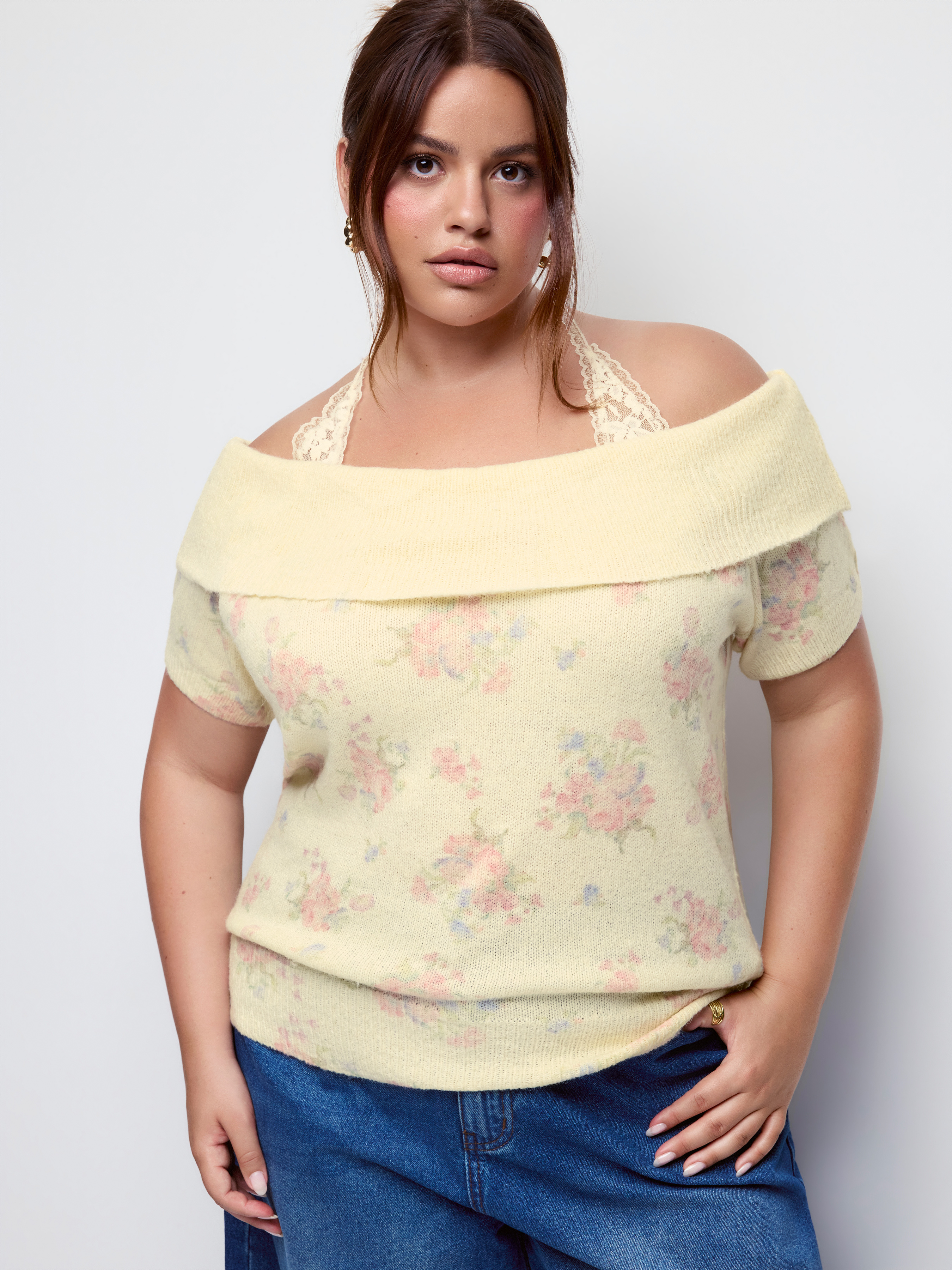 Knit Wool-blend Floral Off-shoulder Short Sleeve Lace Panel Top Curve & Plus
