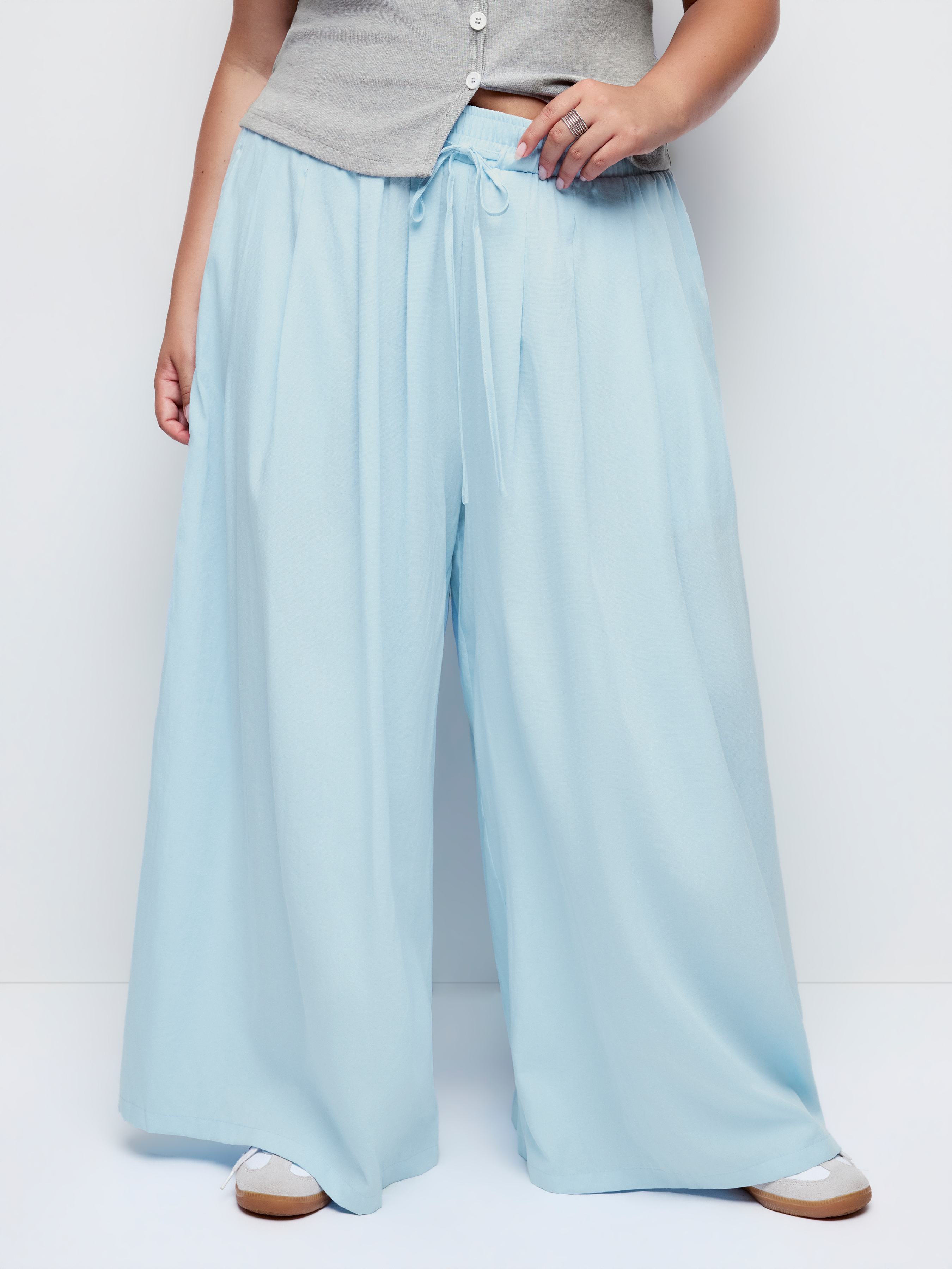Cotton-blend Mid Rise Drawstring Ruched Wide Leg Trousers Curve & Plus