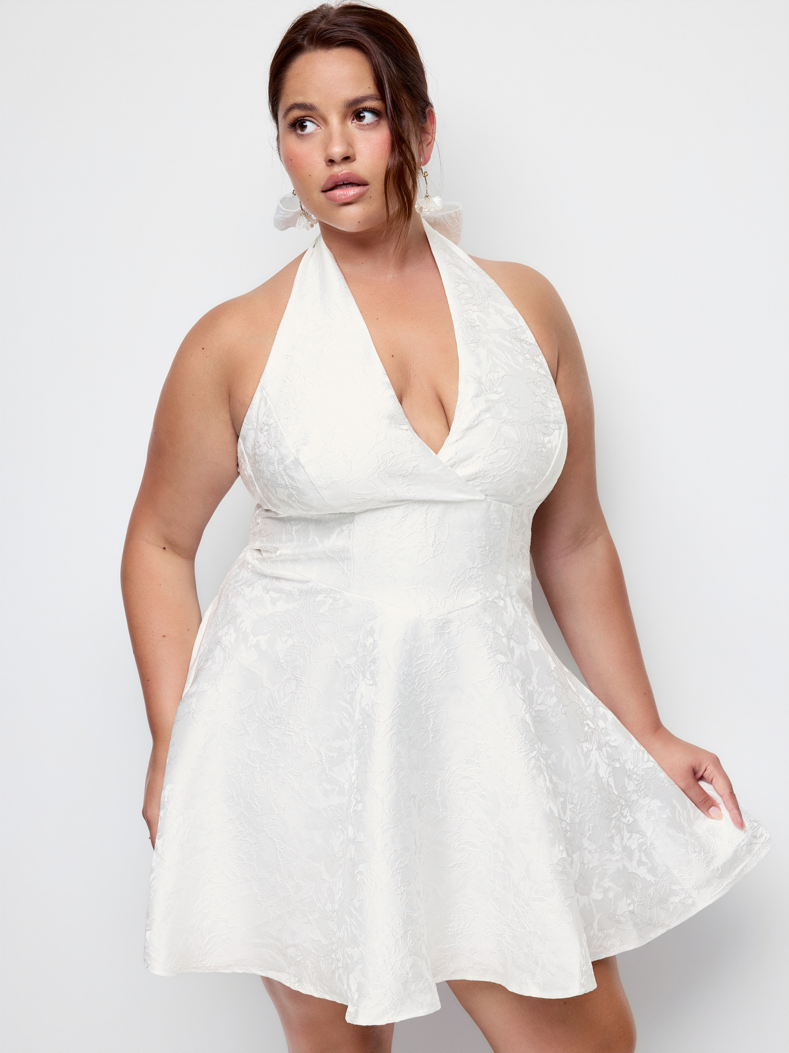 Jacquard Sculptural Halter V-neck Lace Up Backless Ruffle Mini Dress Curve & Plus