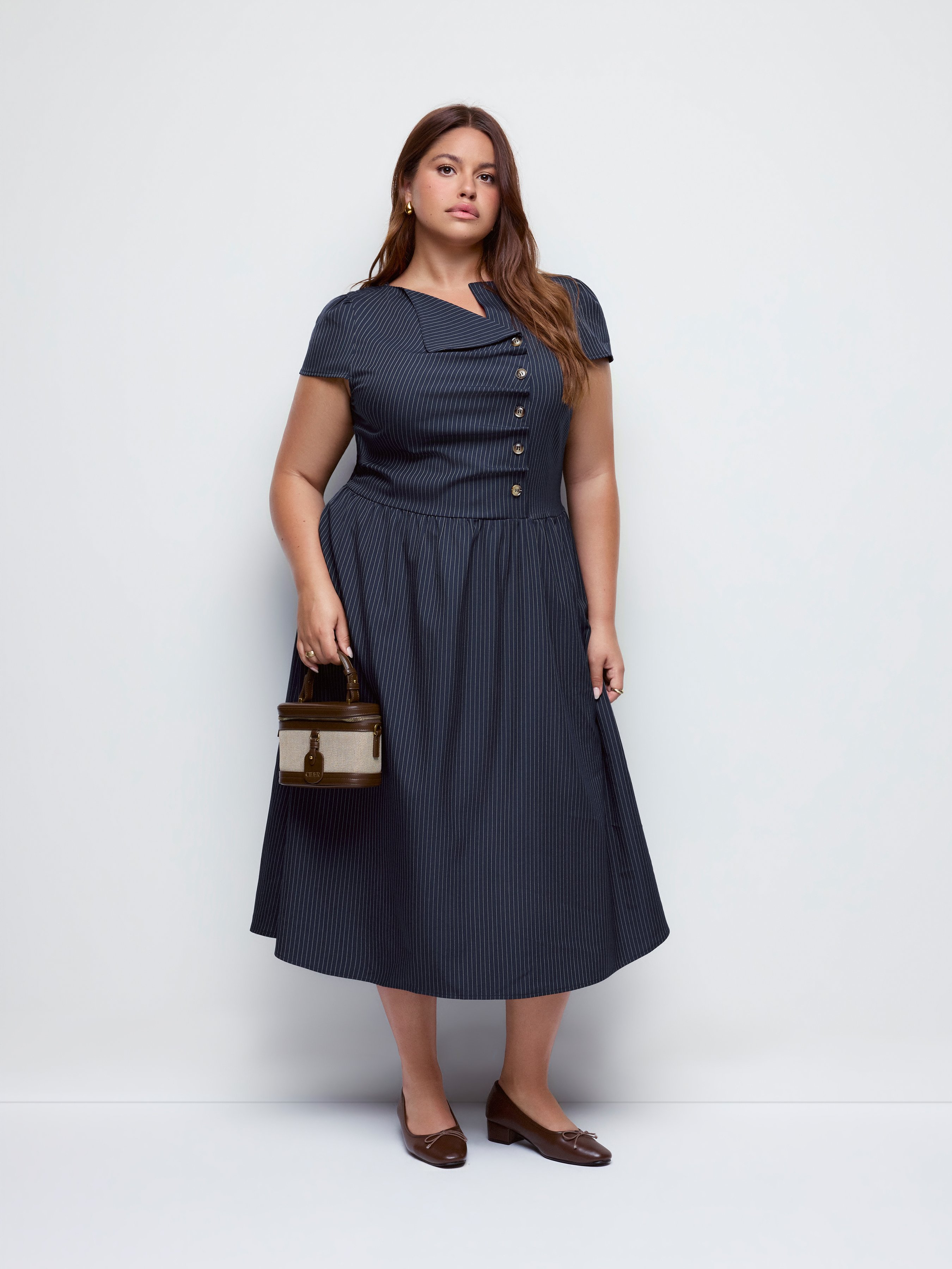Asymmetrical Neck Tartan Ruched Tie Back Midi Flared Dress Curve & Plus