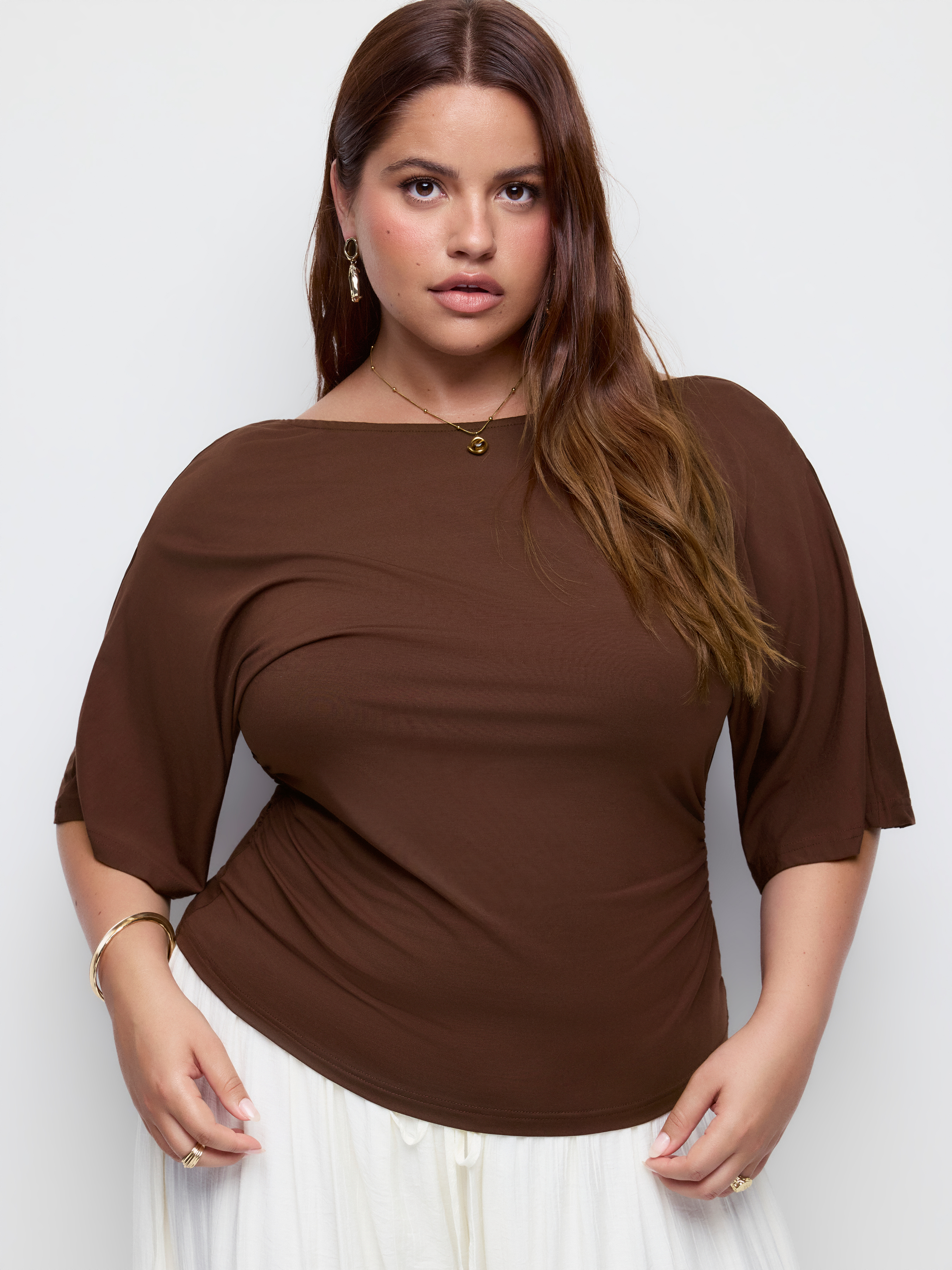 Modal Boat Neck Batwing Sleeve Ruched Cowl Back Tee Curve & Plus