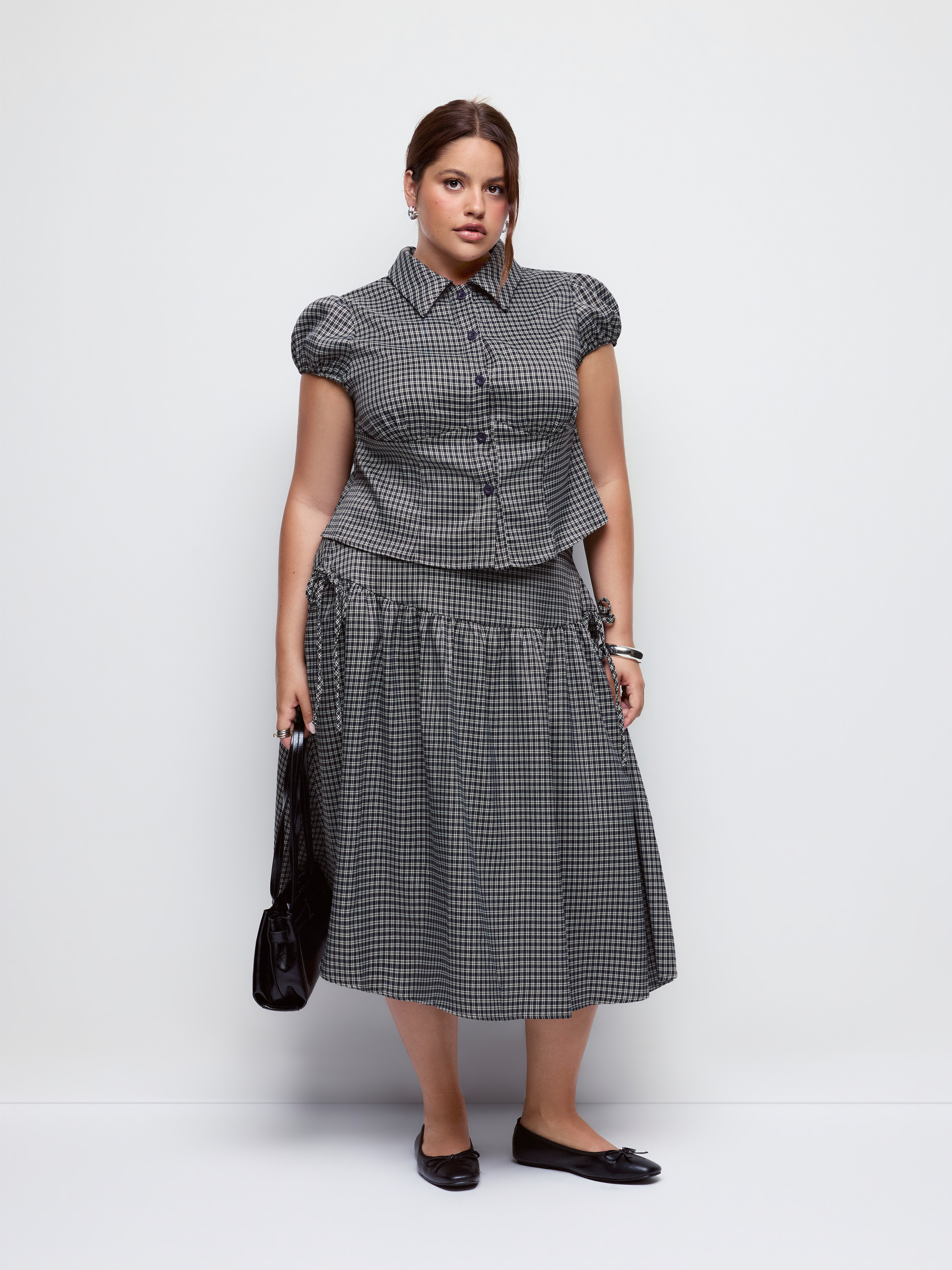 Gingham Top & Mid Rise Drawstring Ruched Midi Skirt Set Curve & Plus
