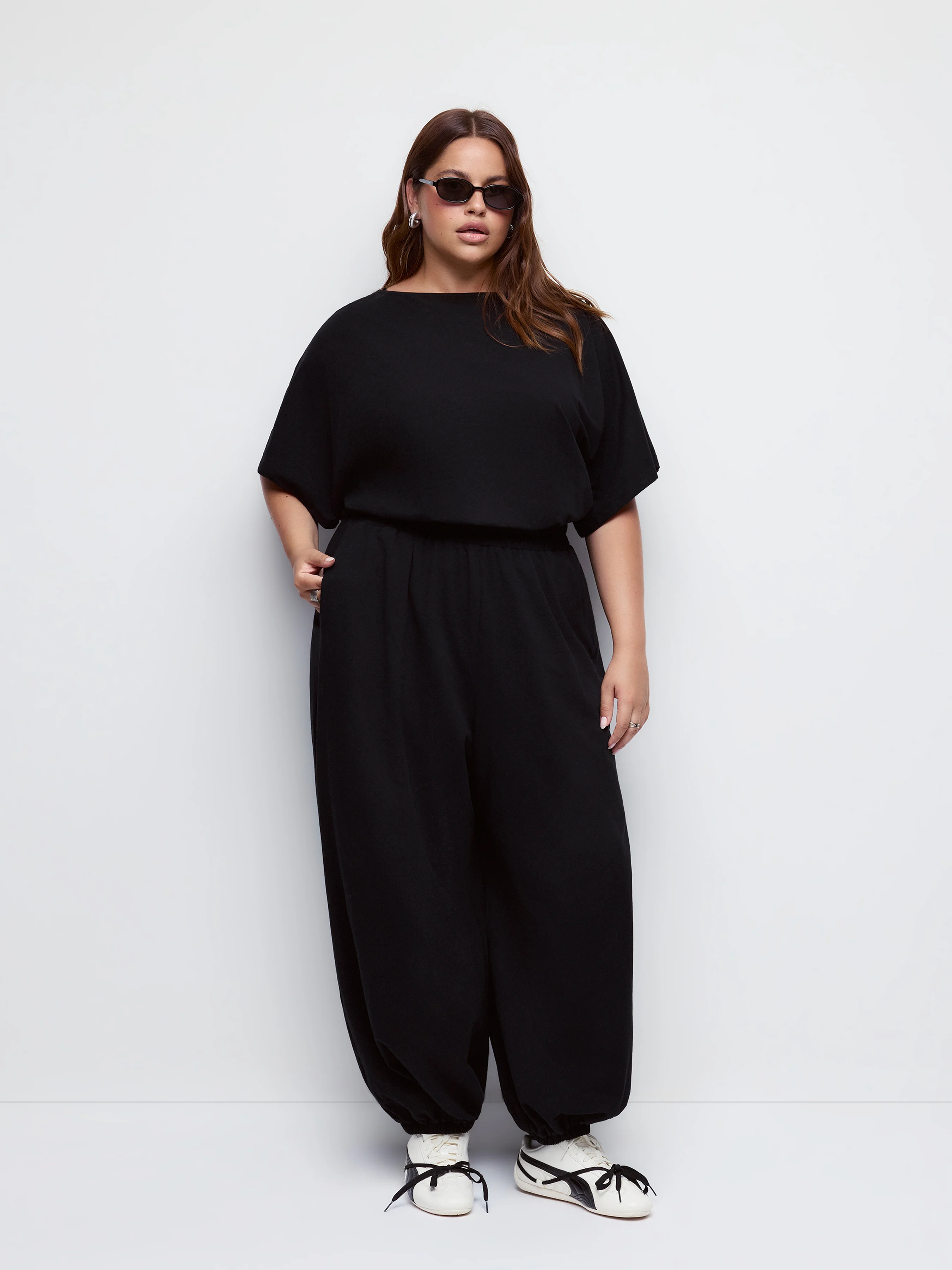 Cotton-blend Boat Neck Batwing Sleeve Mid Rise Jogger Jumpsuit Curve & Plus