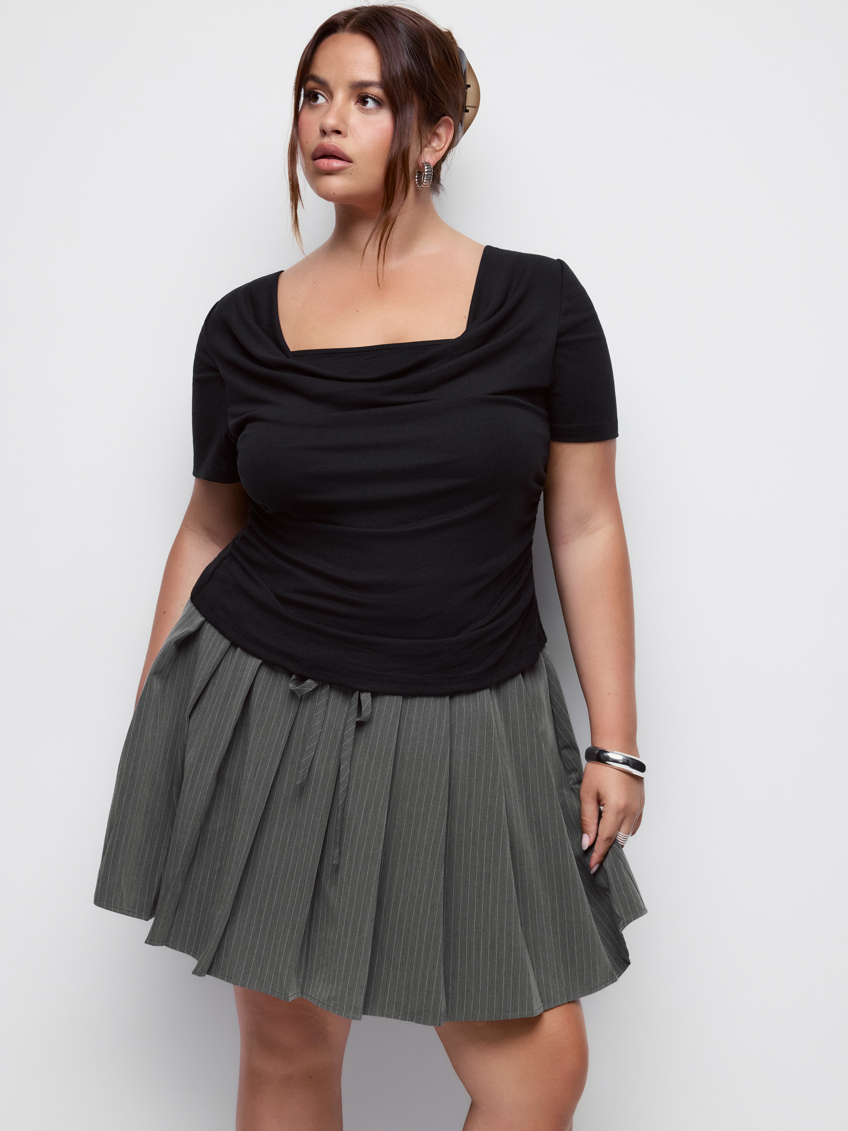 High Stretch Cowl Neck Ruched Short Sleeve Top Curve & Plus