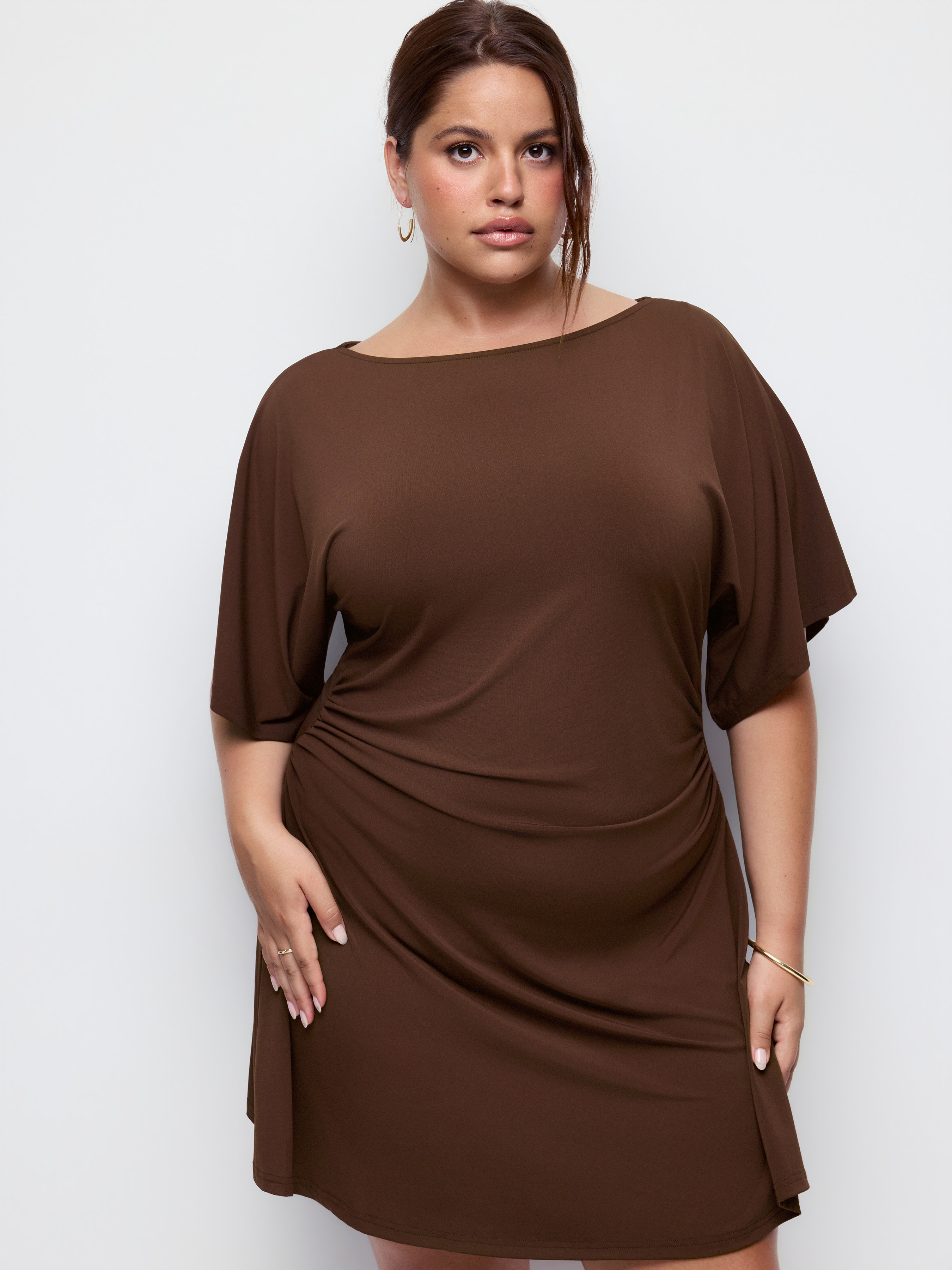 Boat Neck Short Sleeve Ruched A-line Mini Dress Curve & Plus