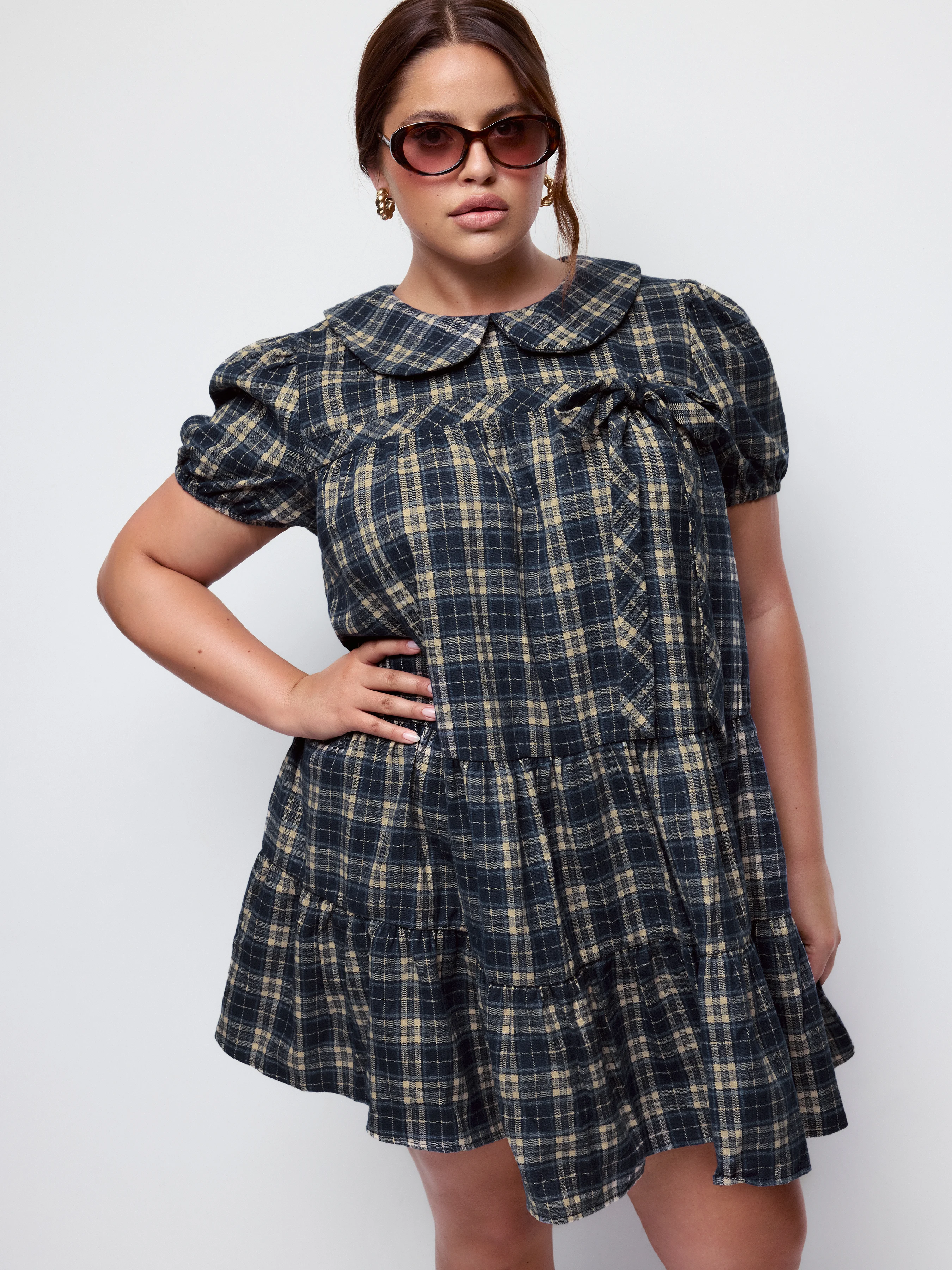 Jacquard Checks Peter Pan Collar Puff Sleeve Mini Dress Curve & Plus