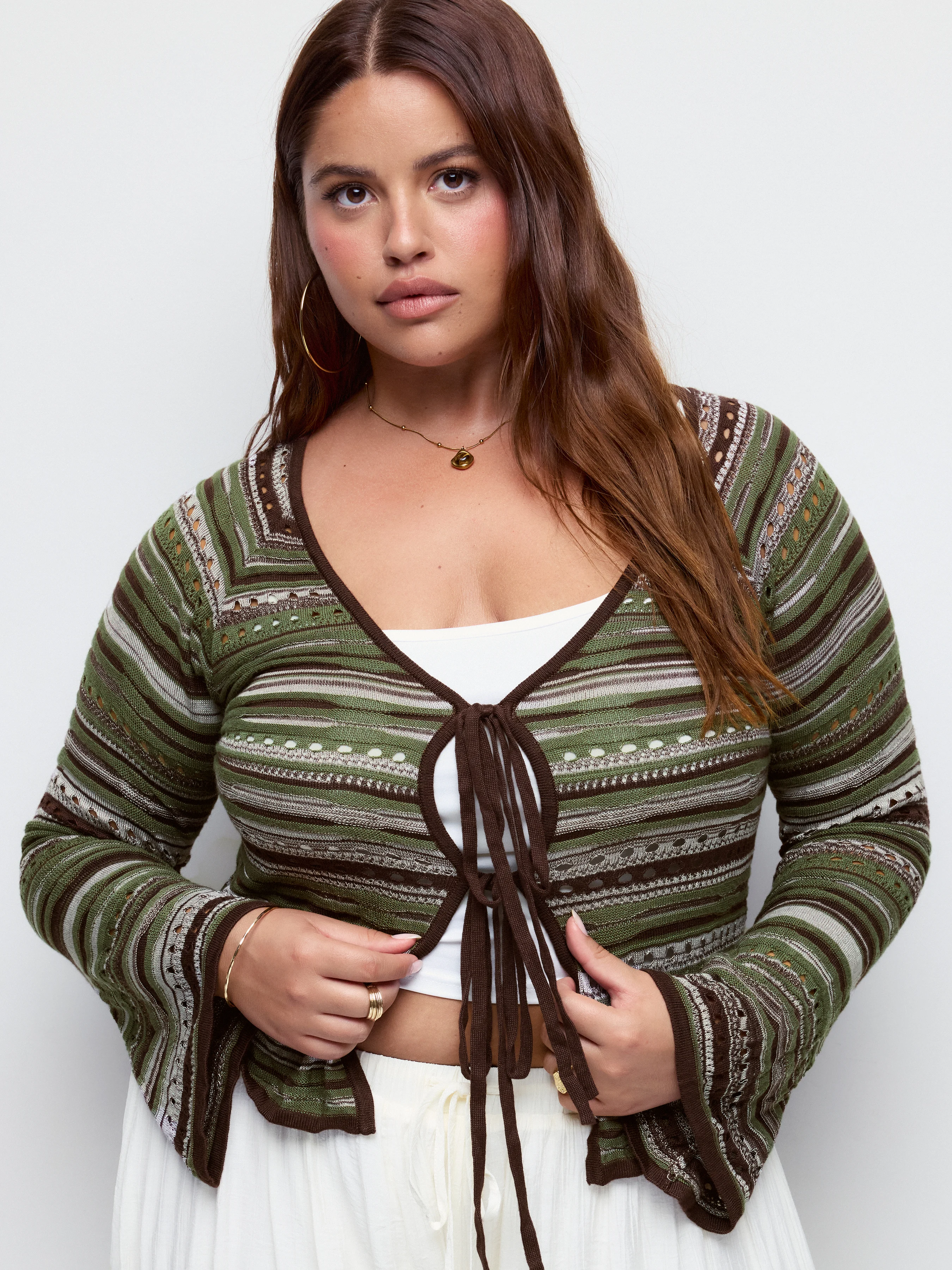 Knit Striped V-neck Bell Sleeve Tie Front Hollow Out Cardigan Curve & Plus