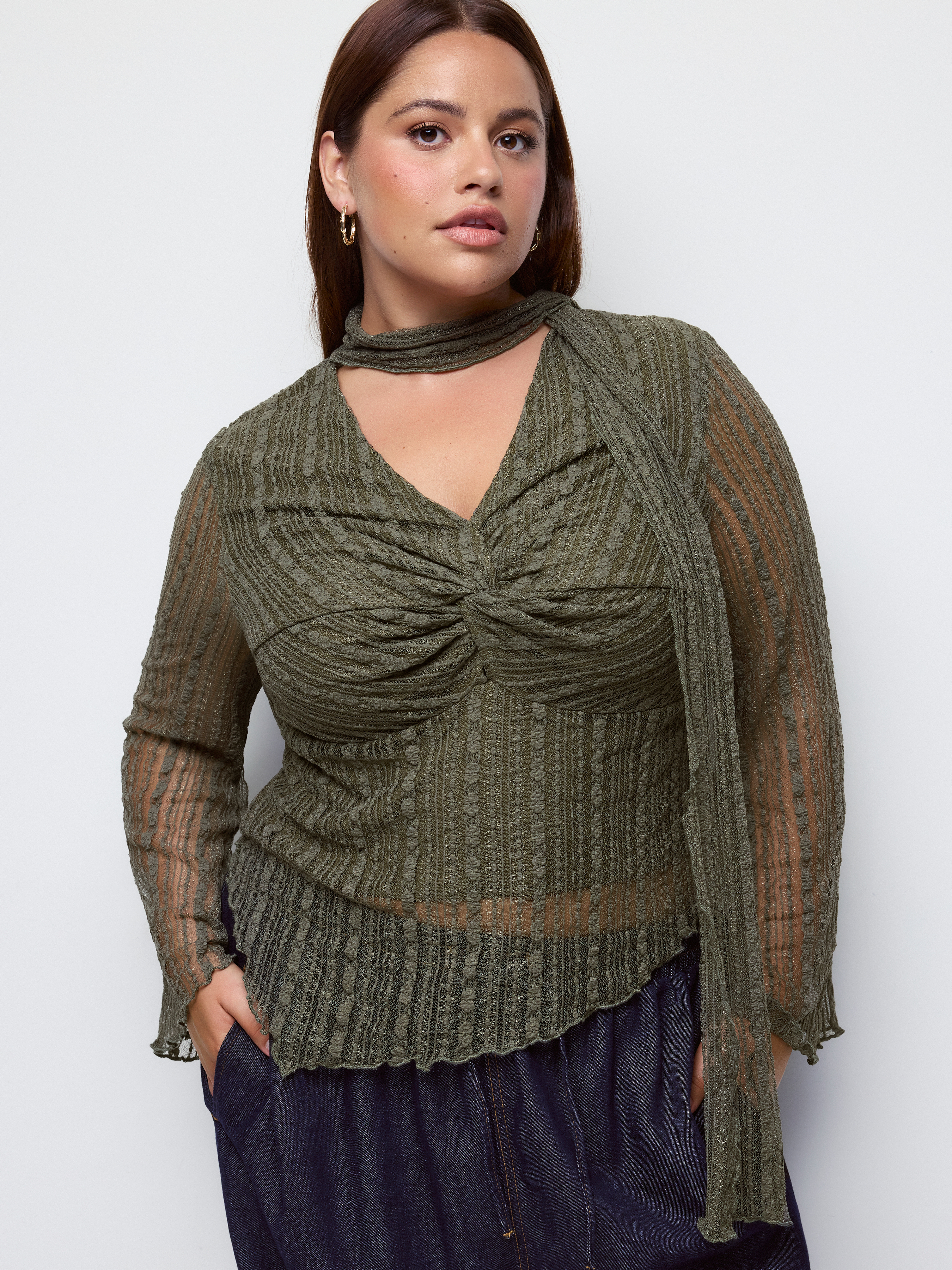 Texture V-neck Flare Sleeve Twist See-through Top With Scarf Curve & Plus