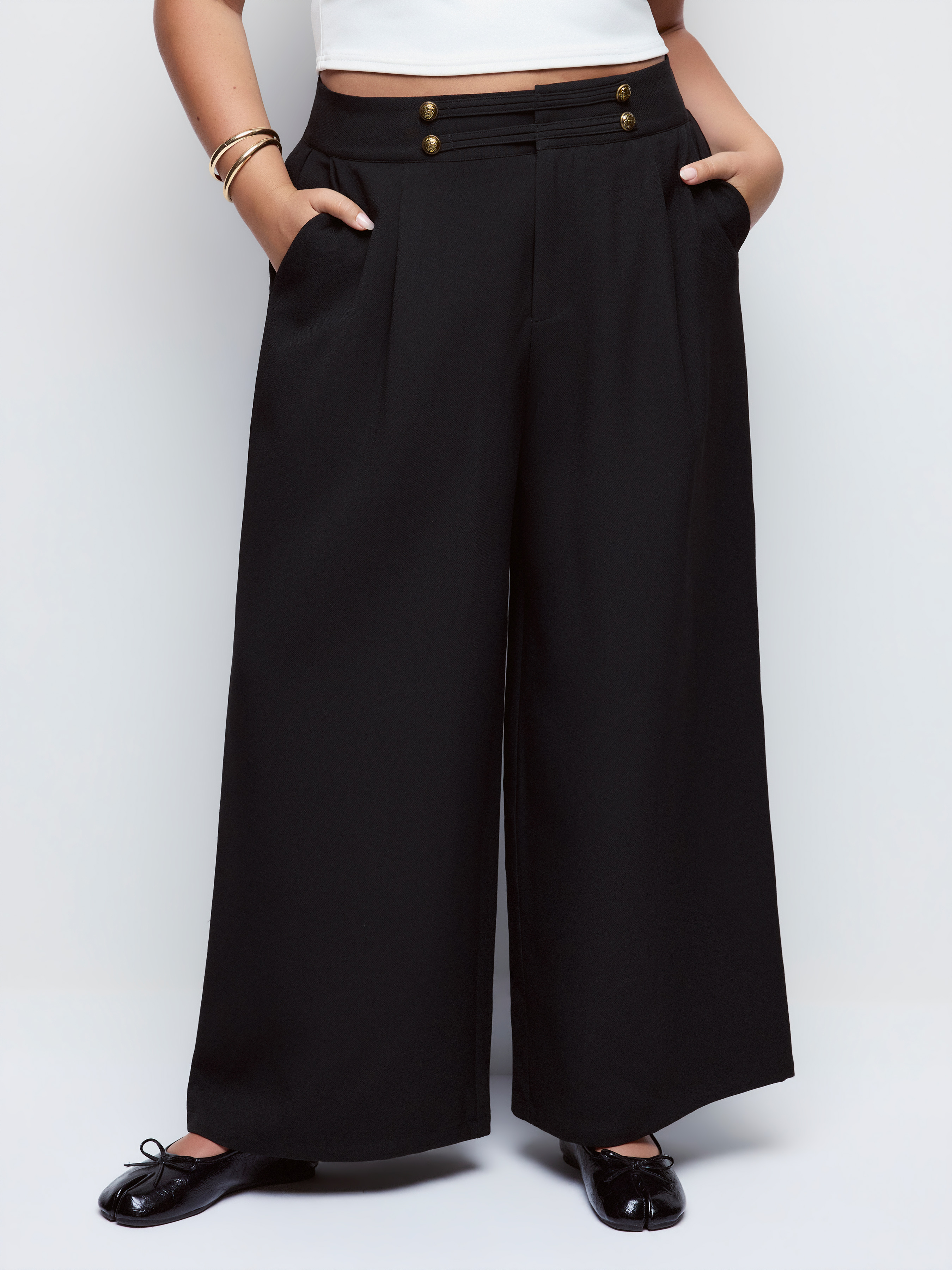 Napoleon Mid Rise Pleated Metal Detail Straight Leg Trousers Curve & Plus