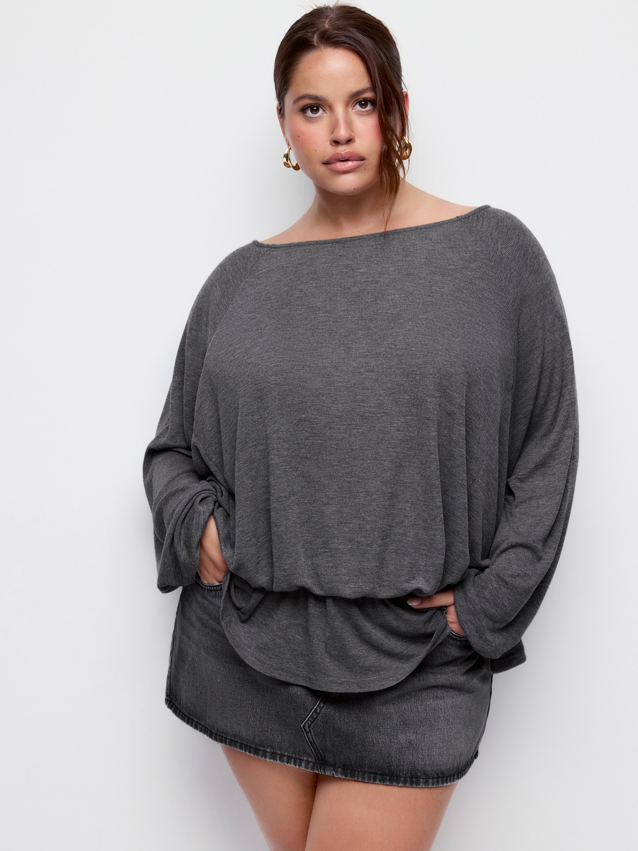 Textured Boat Neck Lantern Sleeve Ruffle Hem Oversized Top Curve & Plus