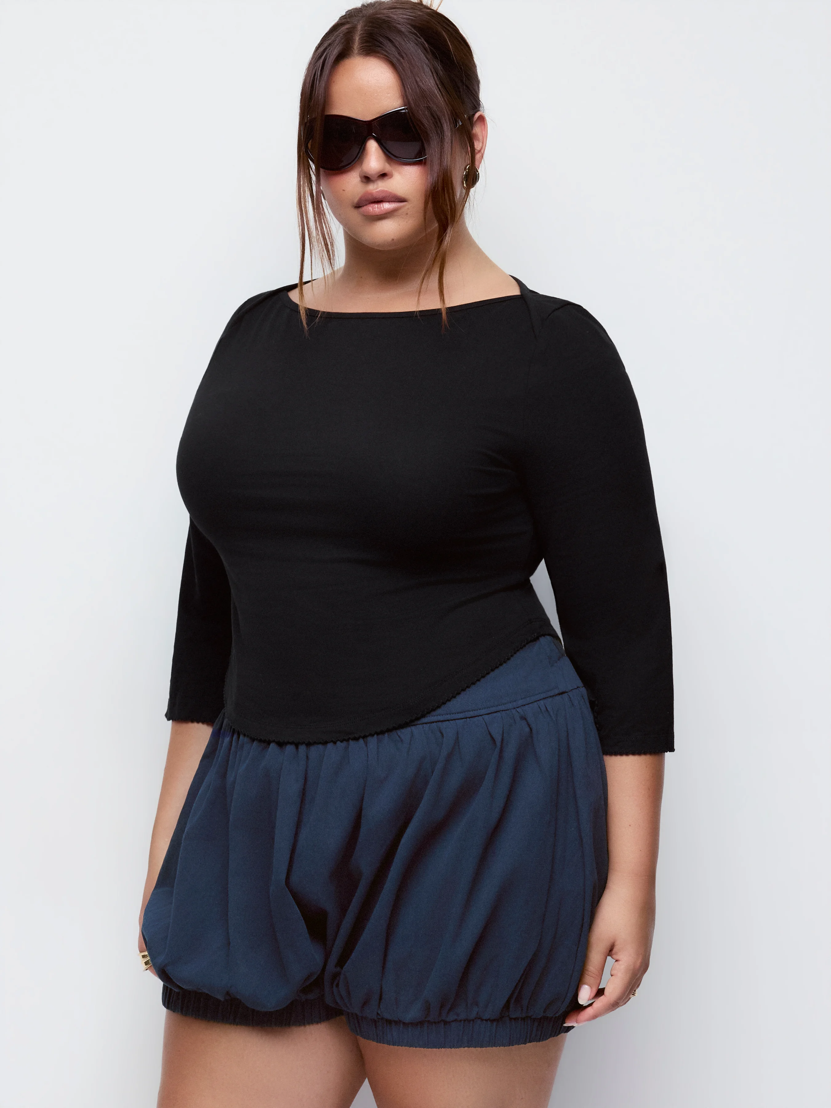 Cotton-blend Boat Neck Short Sleeve Curved Hem Tee Curve & Plus