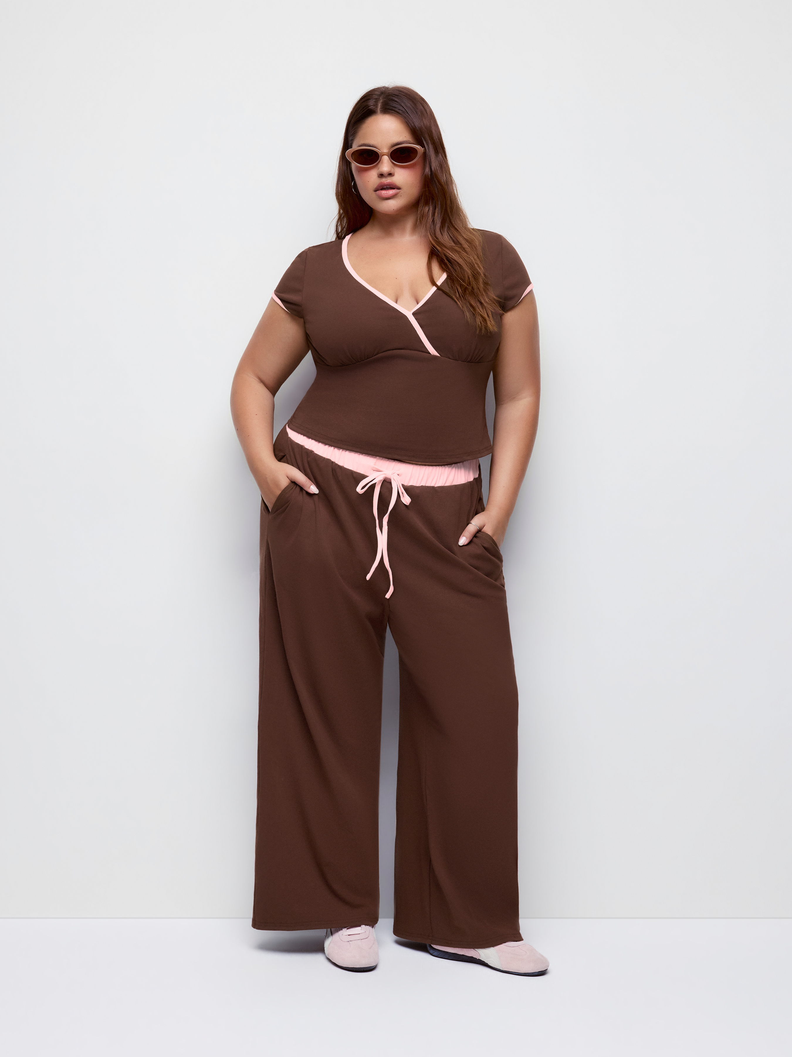 Knit Fabric V-neck None Pants Sets Curve & Plus