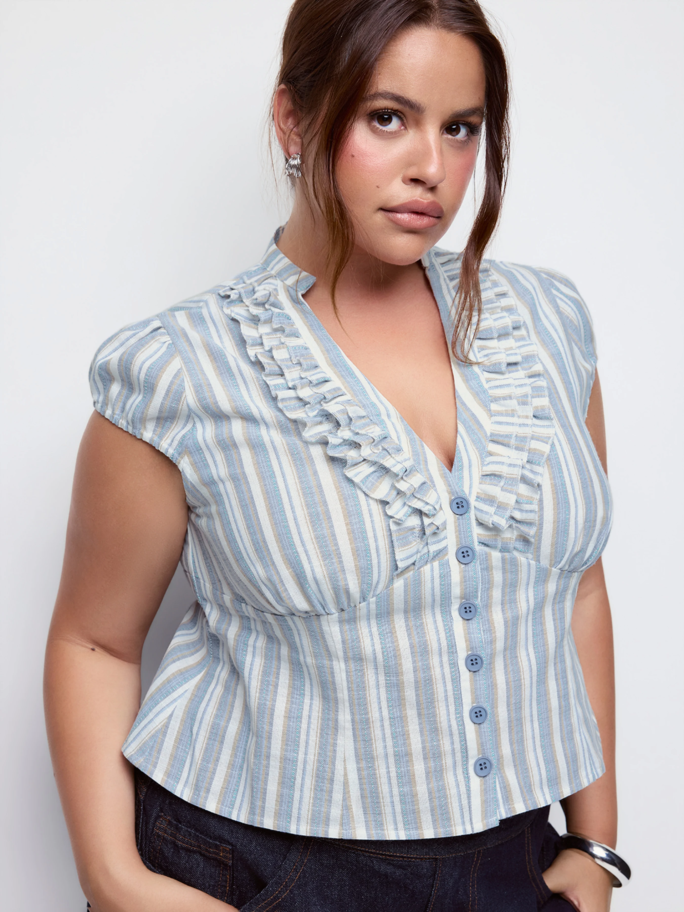 Linen-blend V-neck Striped Ruffled Blouse Curve & Plus