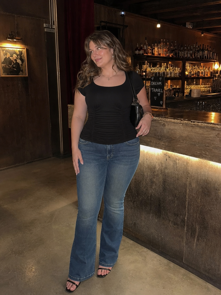 High Stretch Viscose Scoop Neck Ruched Short Sleeve Top Curve & Plus