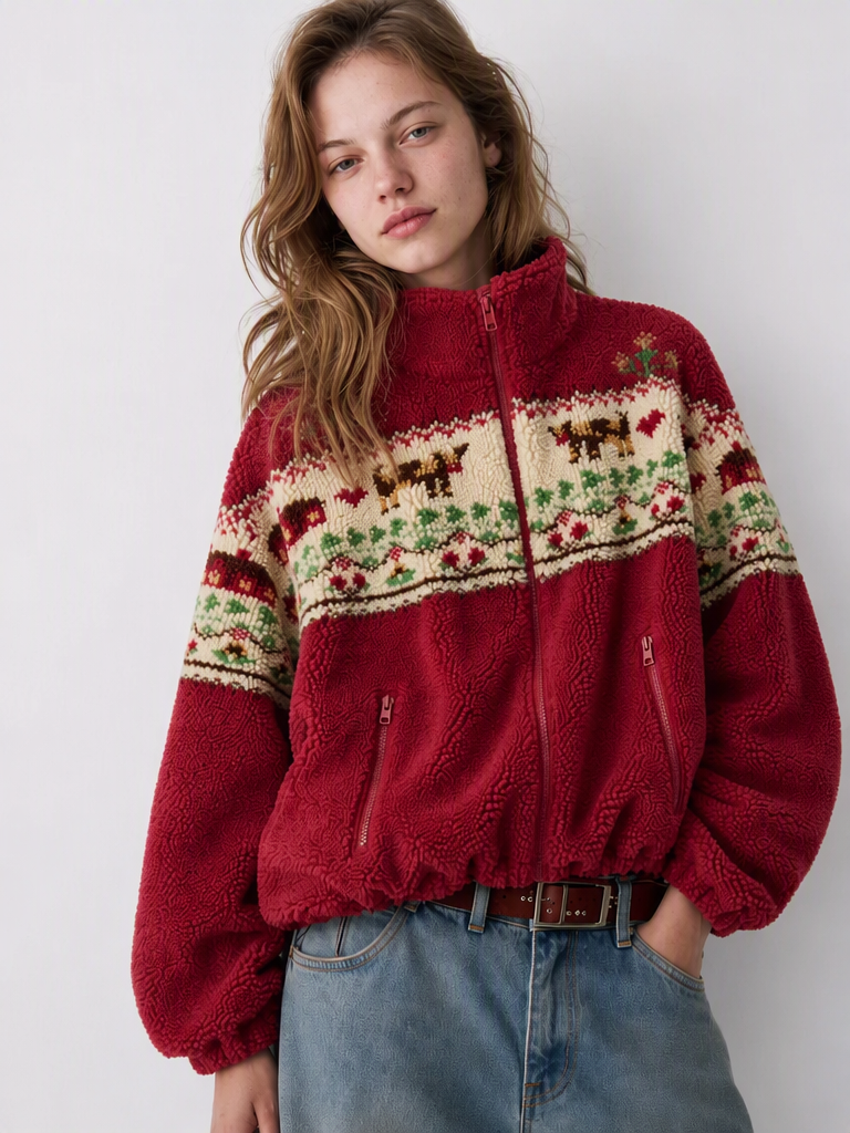 Fleece Deer&Heart&Floral Graphic Stand Collar Zip Through Oversized Jacket