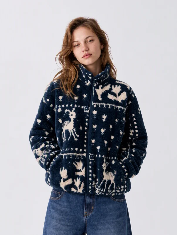 Deer Graphic Jacquard Stand Collar Zip Through Oversized Fleece Jacket