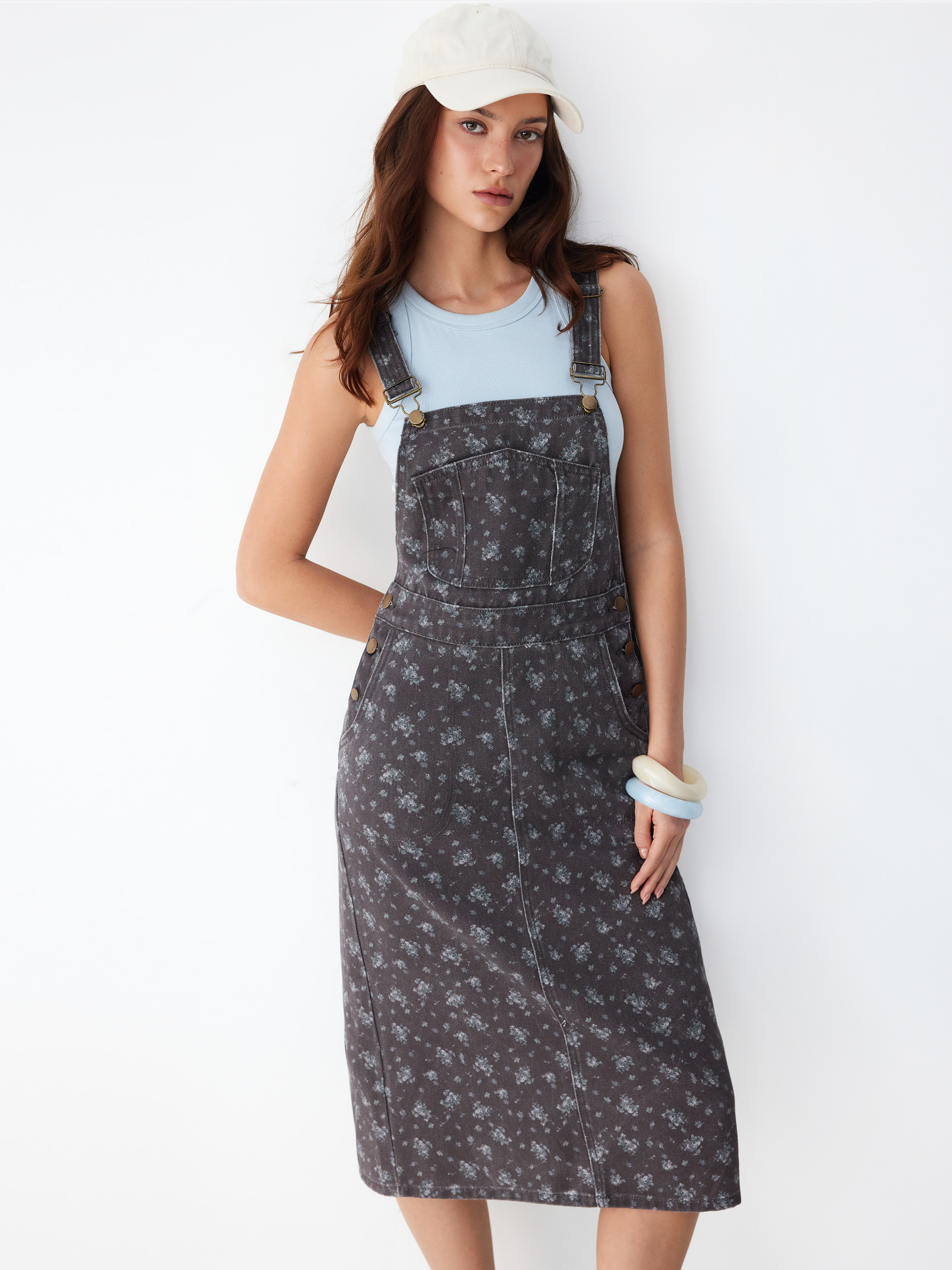 Denim Ditsy Floral Graphic Metal Detail Washed Oversized Midi Pinafore