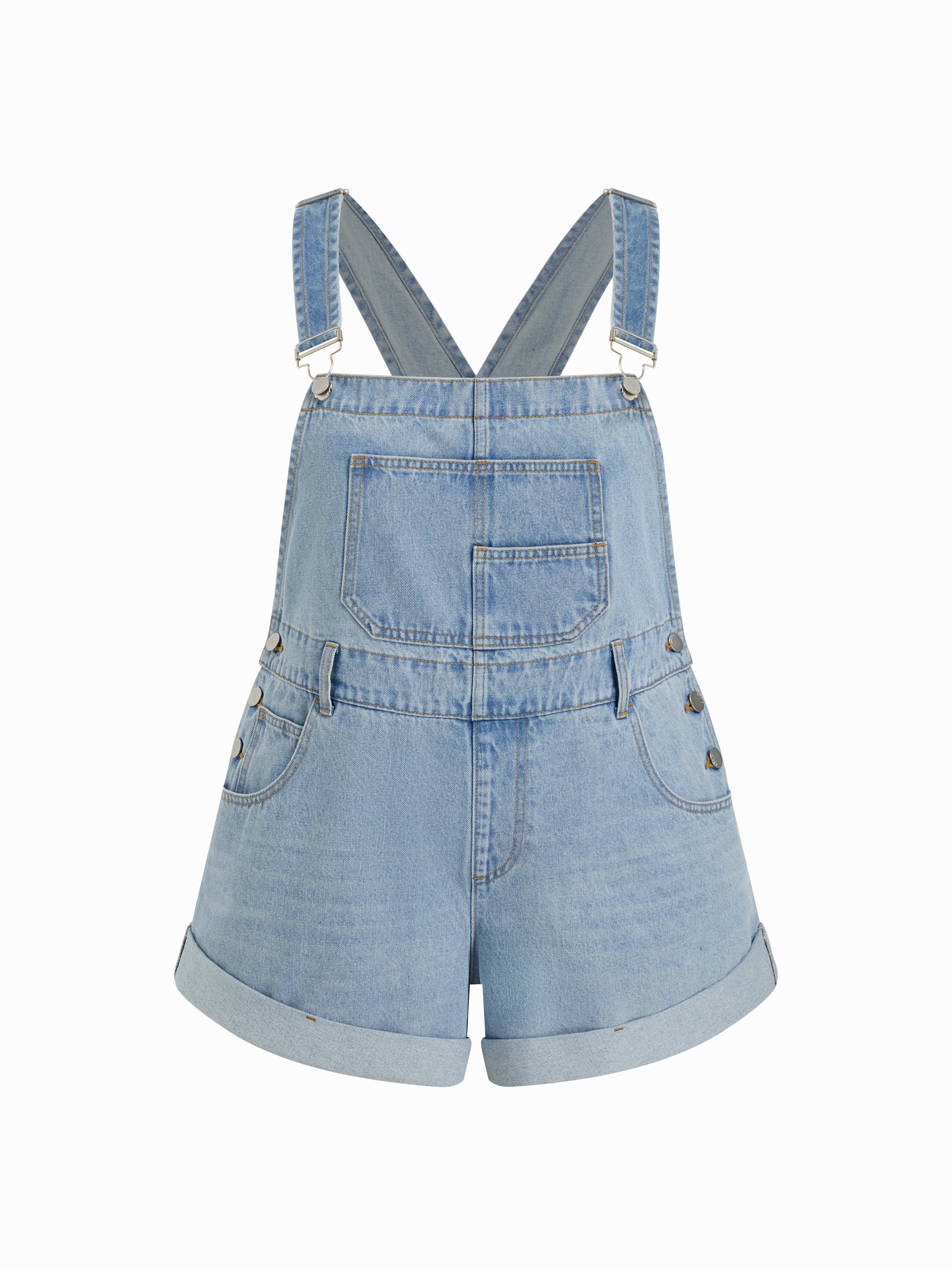 Denim Mid Rise Washed Metal Detail Oversized Overalls Curve & Plus