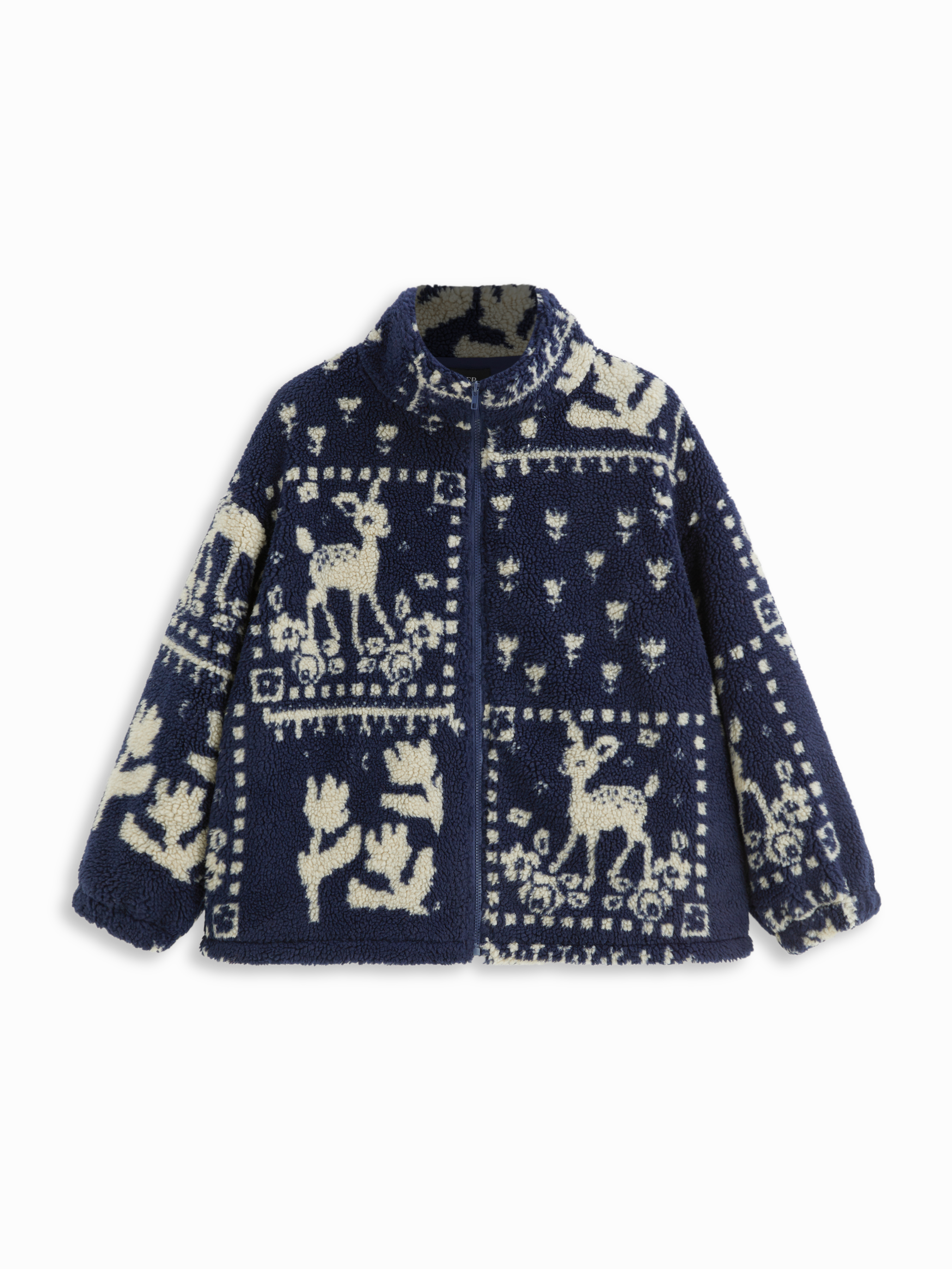 Stand Collar Deer Graphic Jacquard Fleece Super Oversized Jacket Curve & Plus