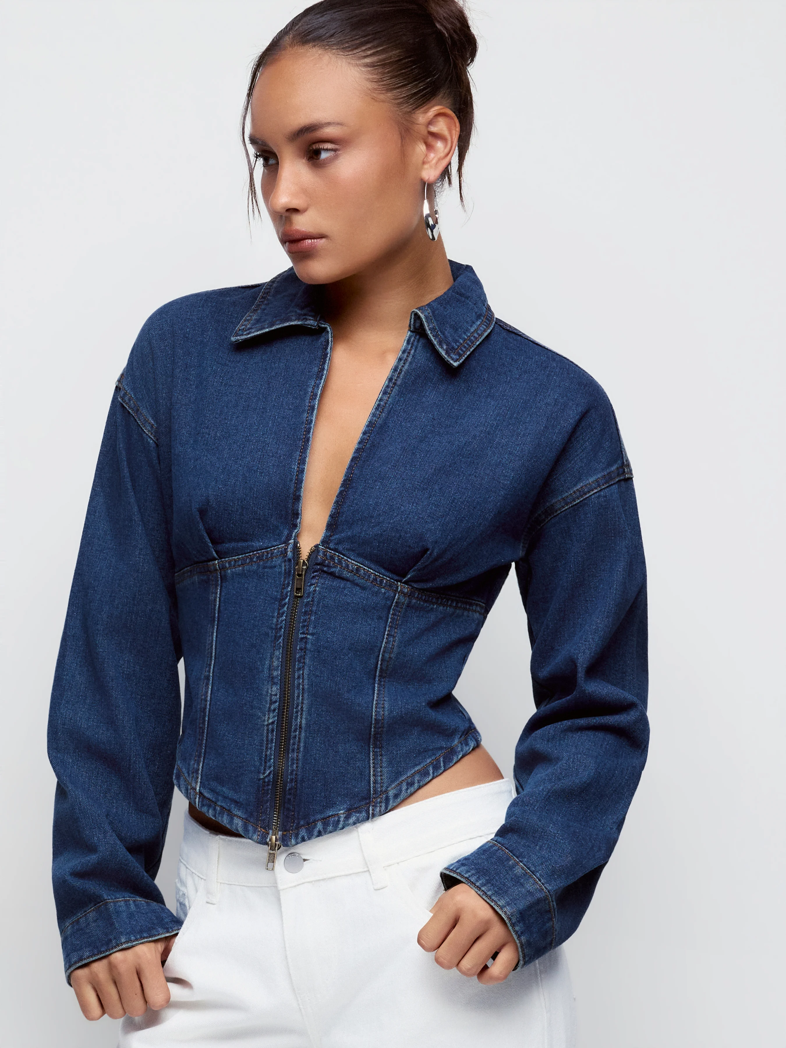 Denim Collar Solid Corset Zipper Jacket