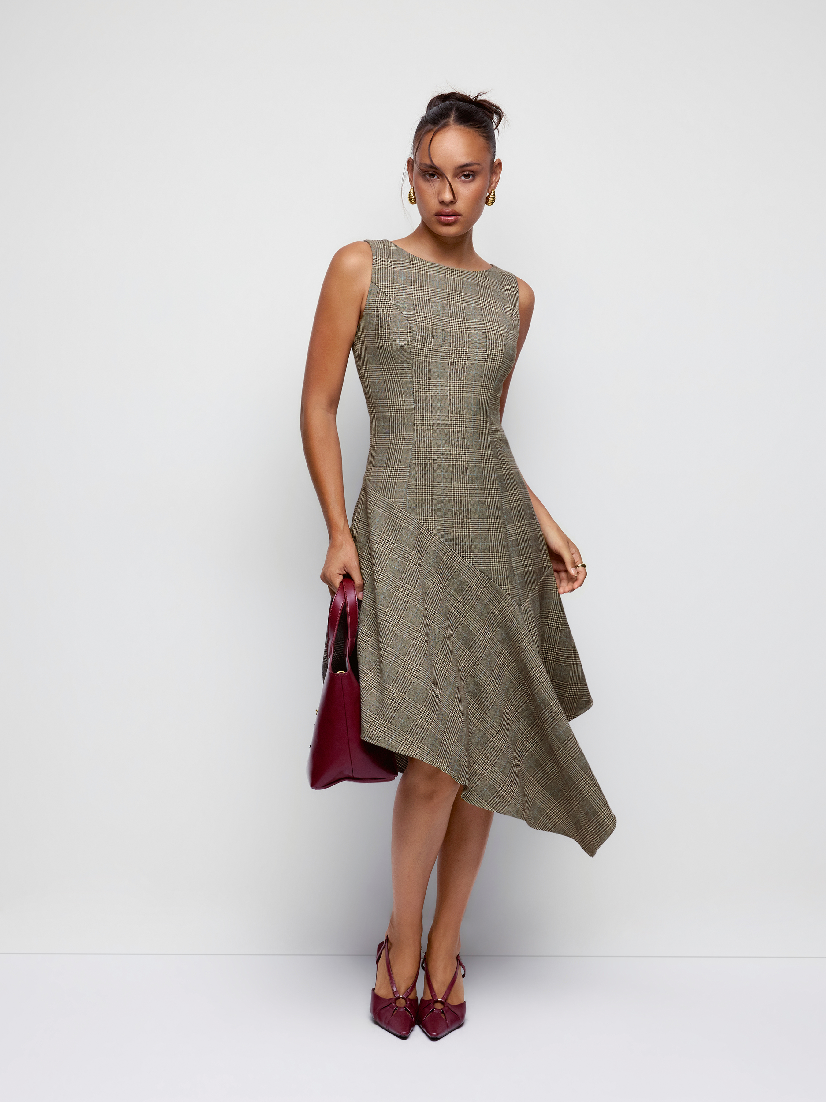 Glen Check & Houndstooth Boat Neck Asymmetrical Hem A-line Midi Dress