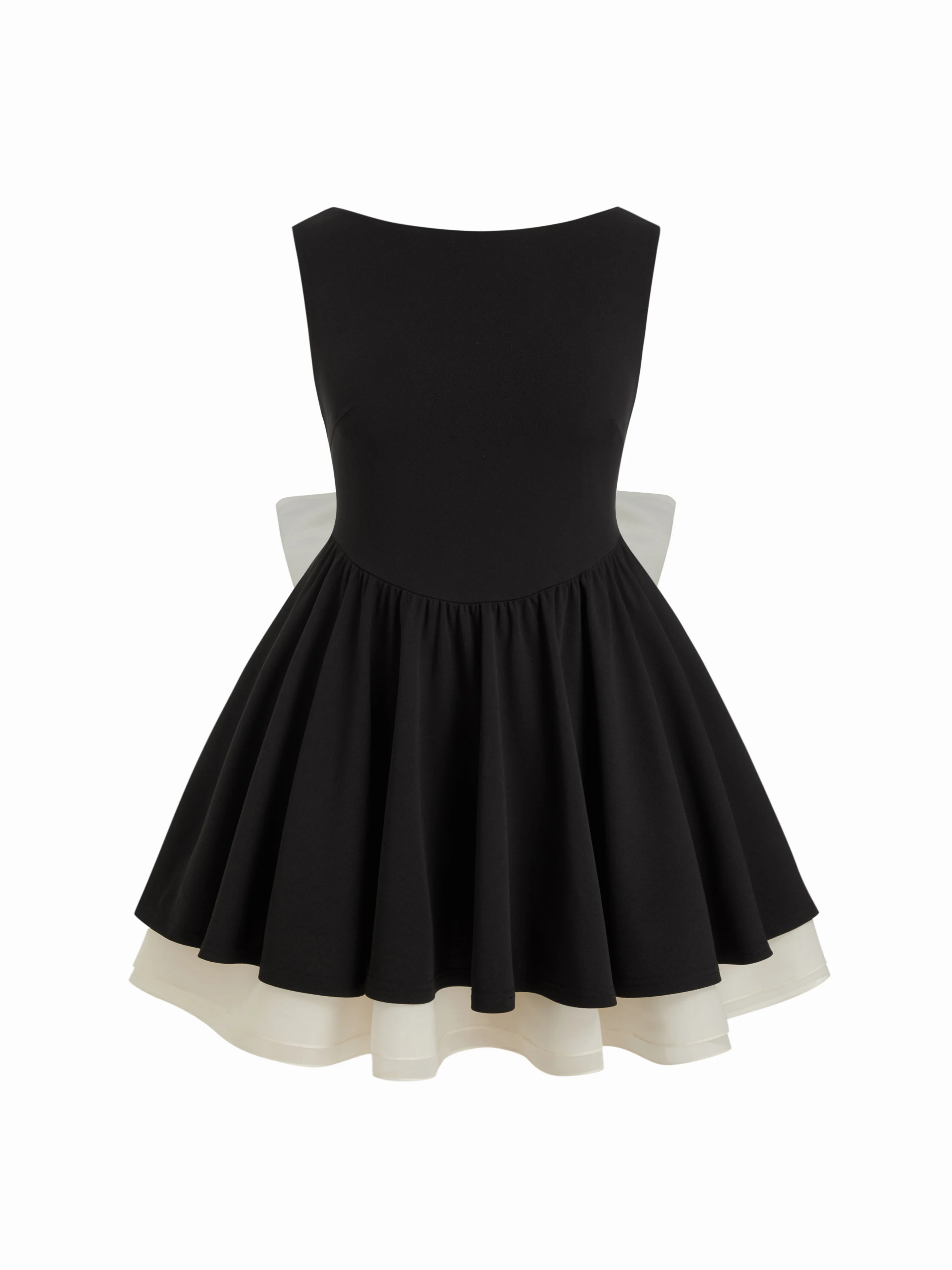Colorblock Boat Neck Bowknot Flared Mini Dress Curve & Plus