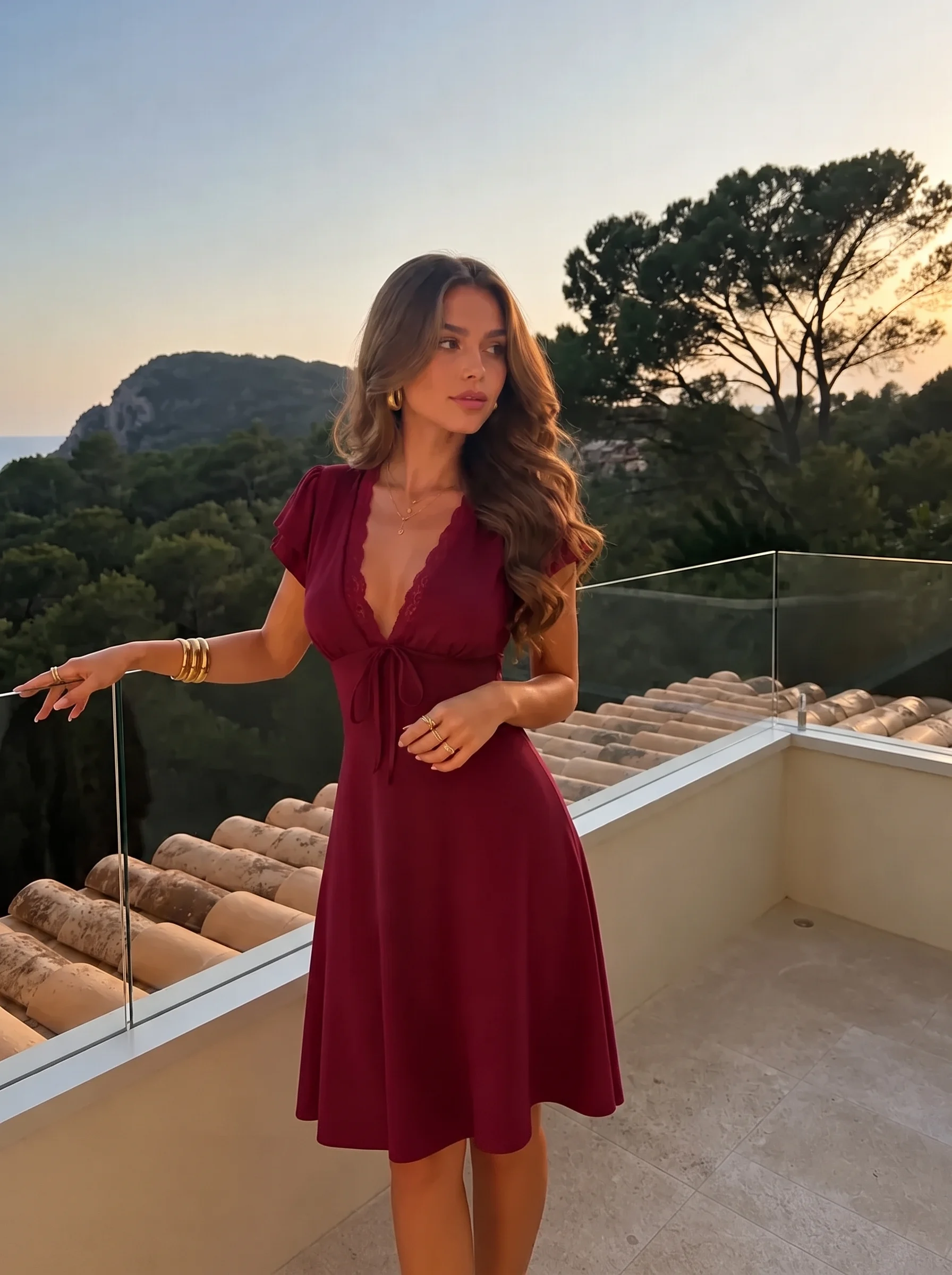 Satin V-neck Ruffle Sleeve Lace Trim Tie Front A-line Midi Dress