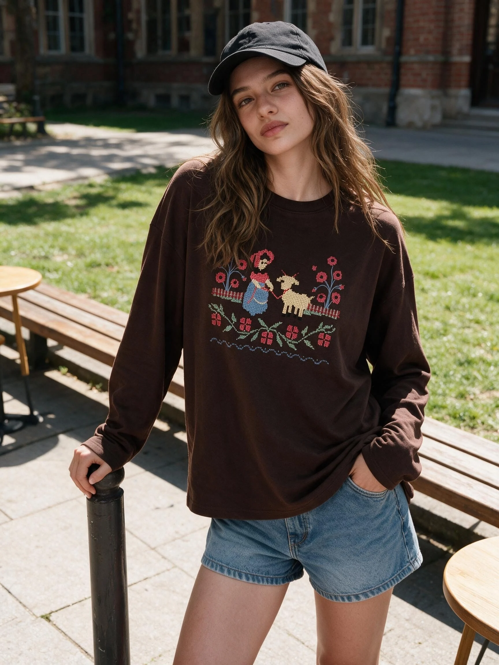 Cotton-blend Animal Embroidery Split Oversized Tee