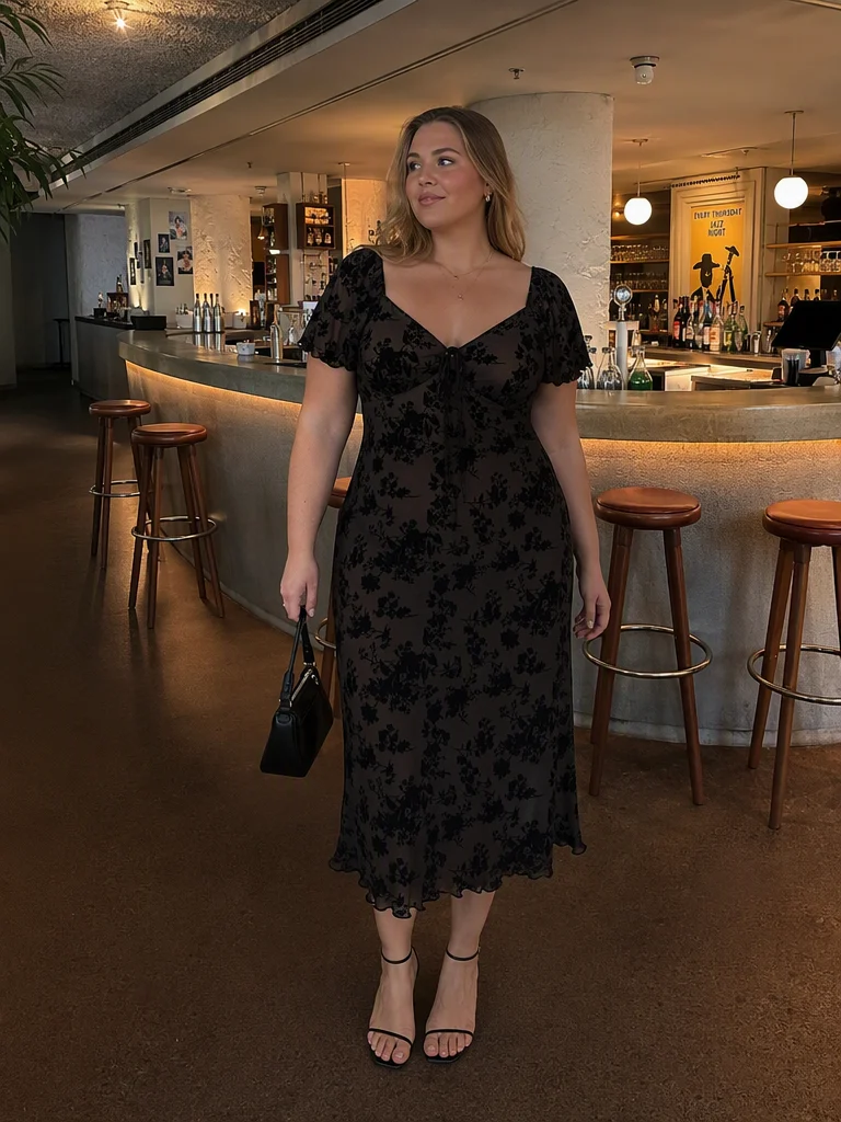 Mesh Flocking Floral Sweetheart Ruffle Sleeve Mermaid Midi Dress Curve & Plus