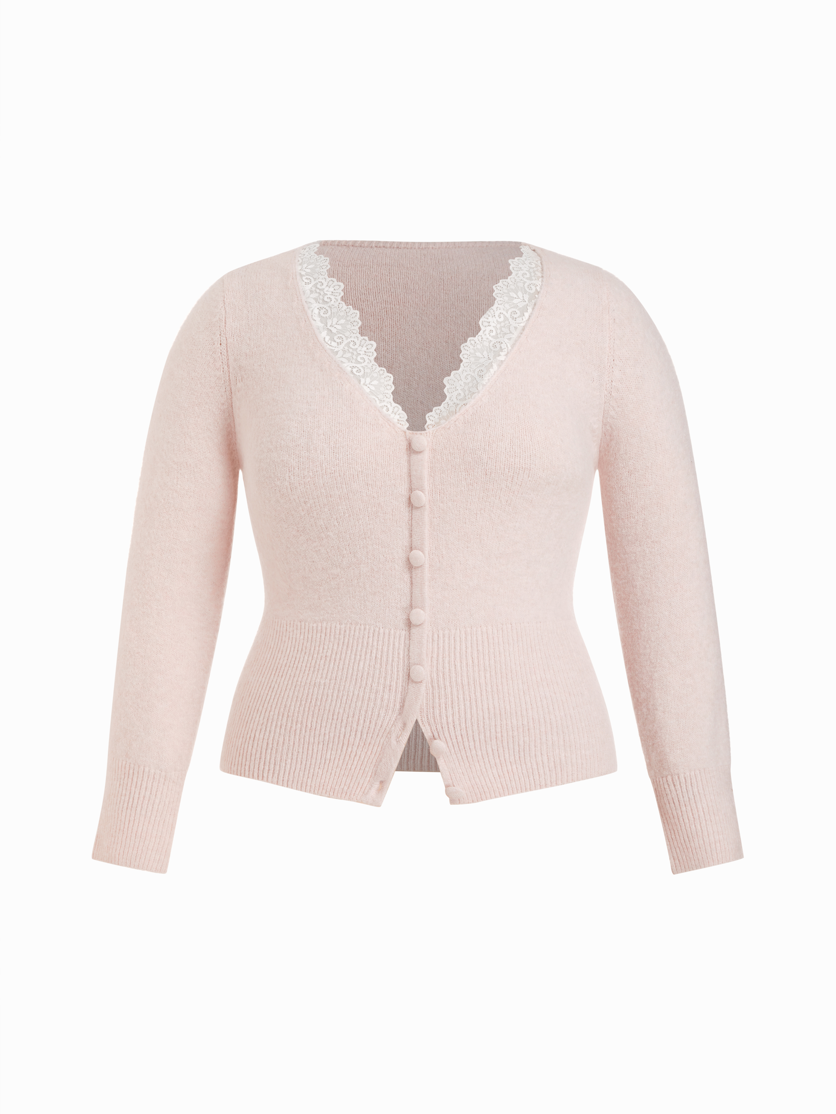Knit Wool-blend V-neck Lace Trim Long Sleeve Cardigan Curve & Plus