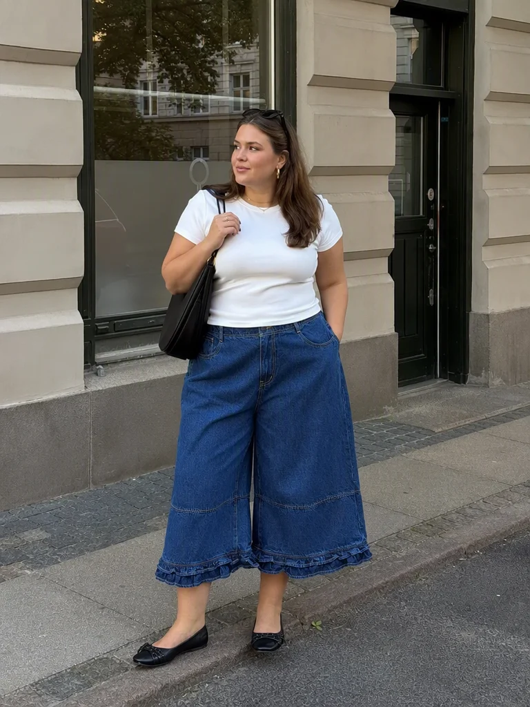 Washed Denim Low Rise Elastic Waist Wide Leg Cropped Bloomer Jeans Curve & Plus