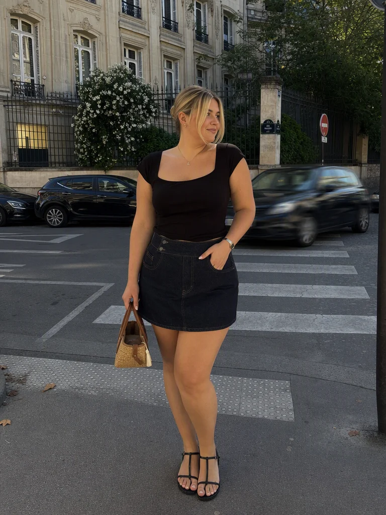 Washed Denim Mid Rise A-Line Mini Skort Curve & Plus