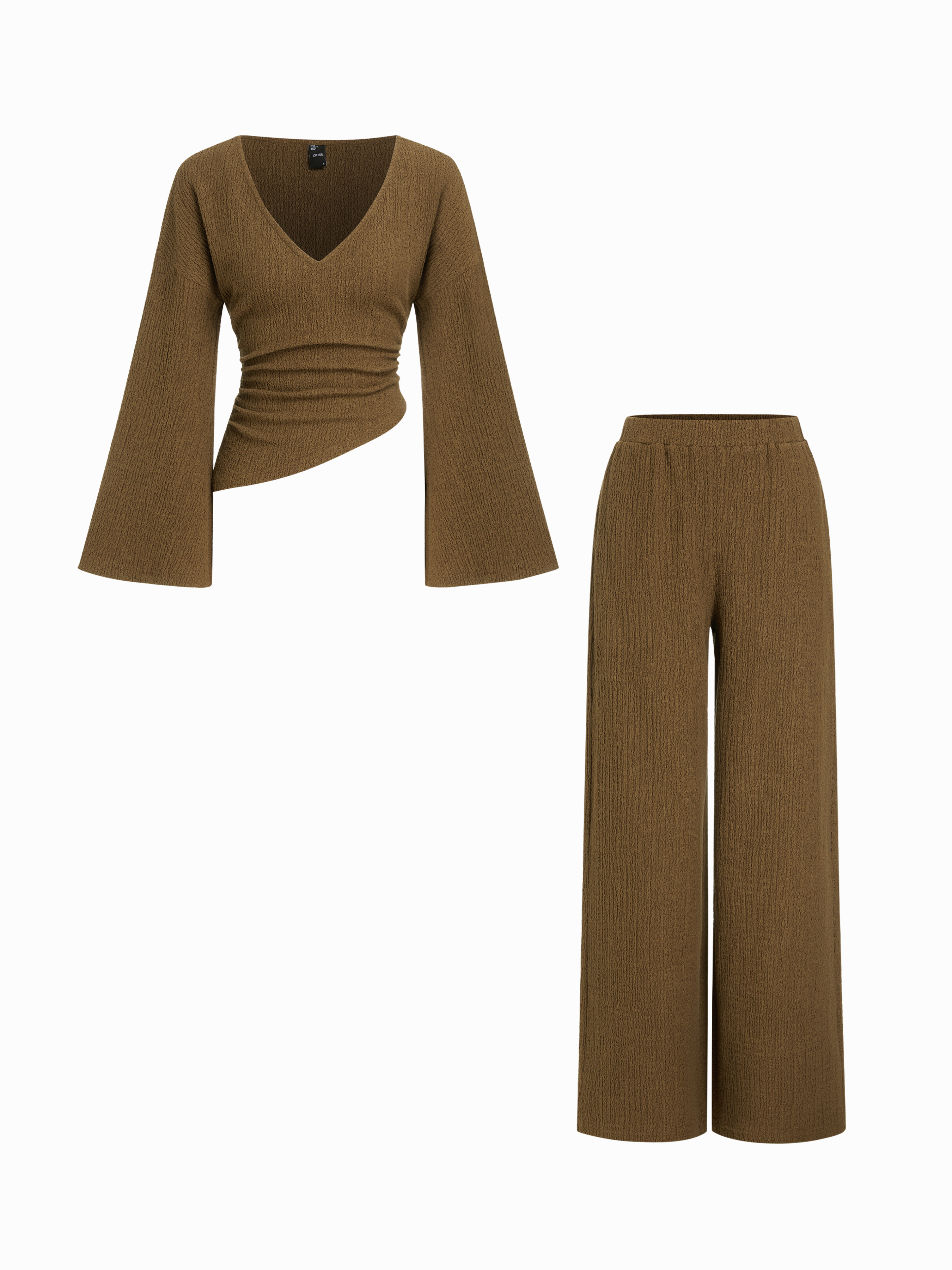 Cotton-blend Textured V-neck Ruched Top & Mid Rise Straight Leg Trousers Set