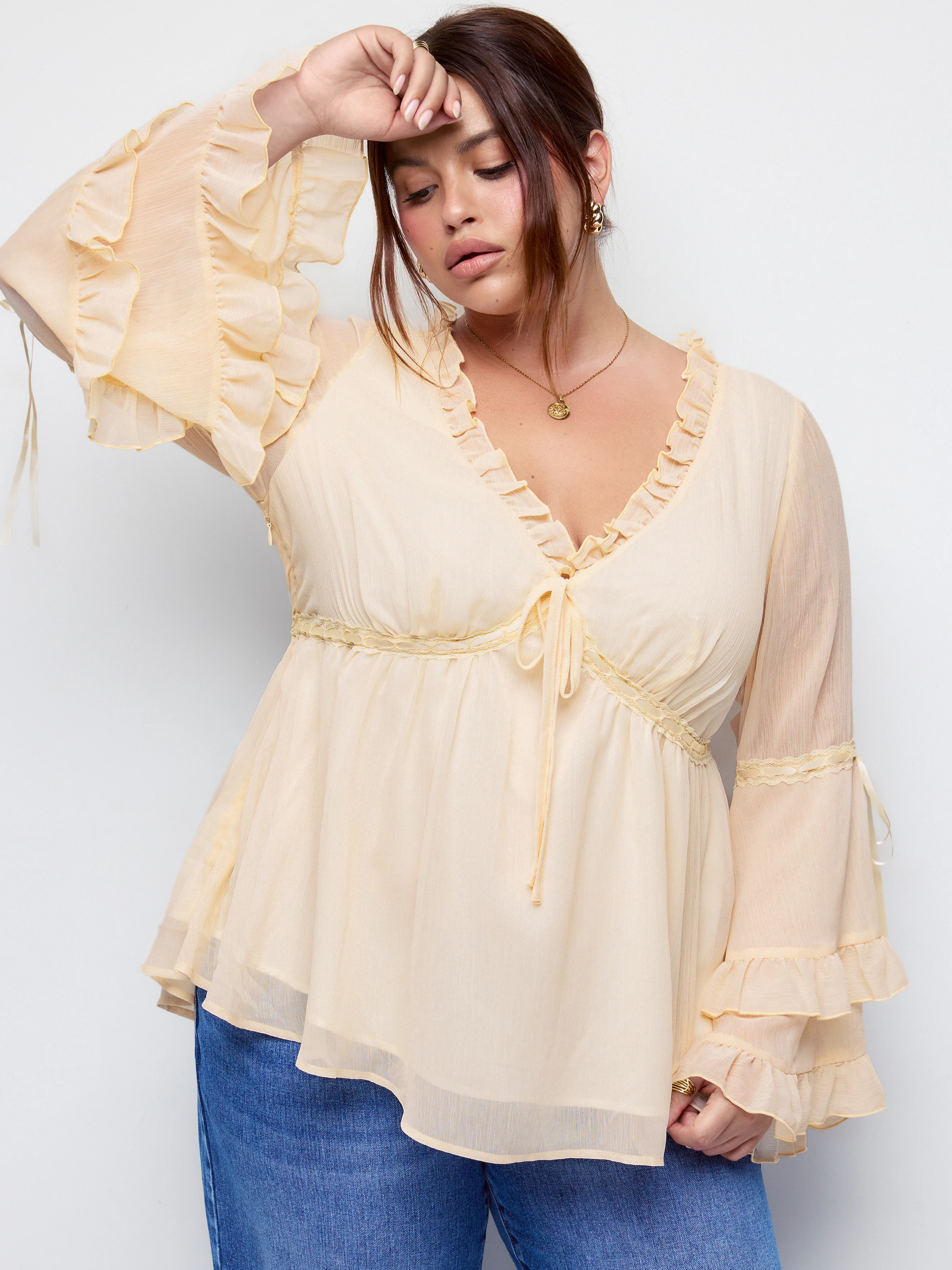 Chiffon V-Neck Knotted Ruffled Bell Sleeve Blouse Curve & Plus