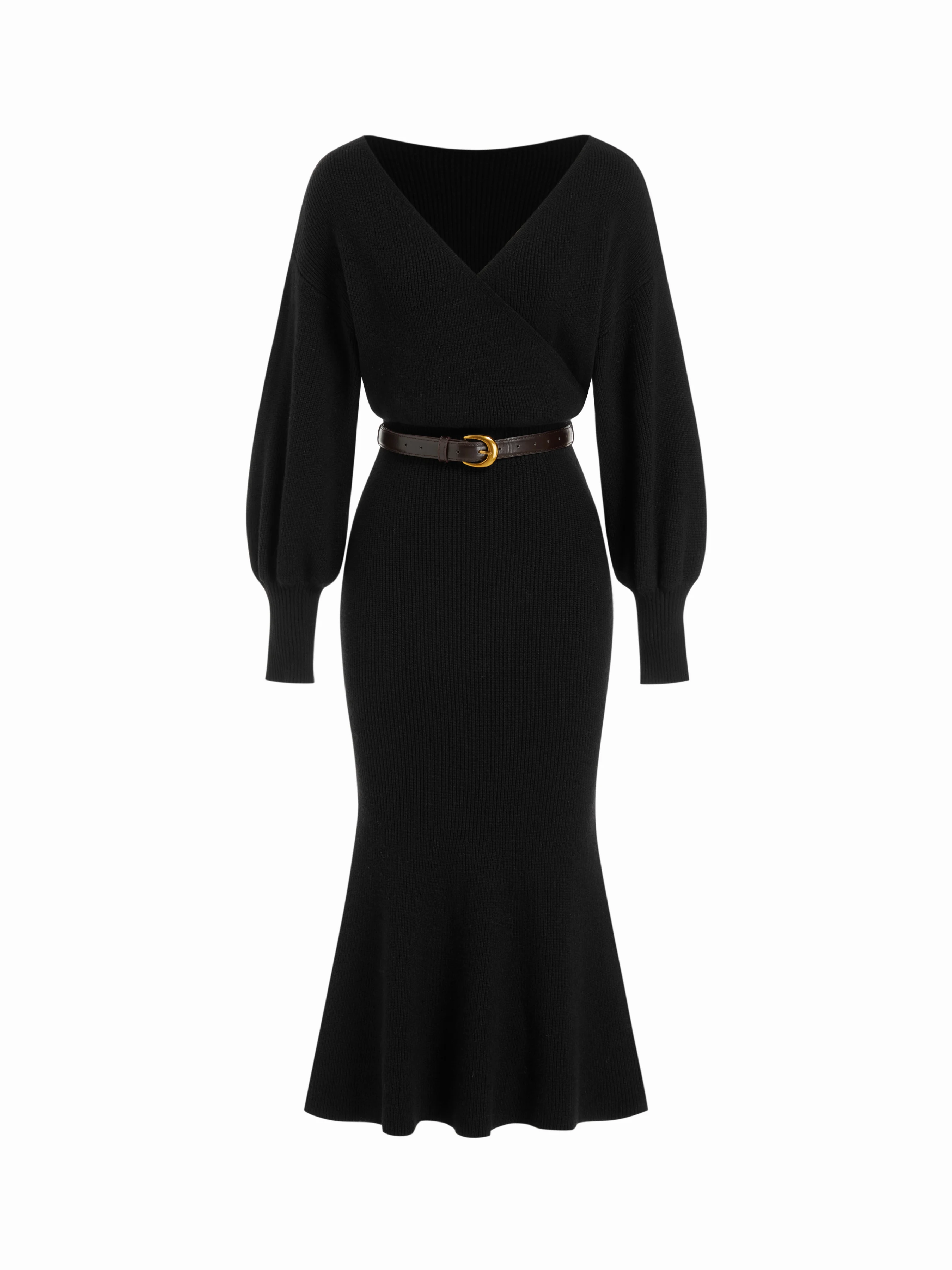 Knit V-neck Lantern Sleeve Mermaid Midi Dress With Belt