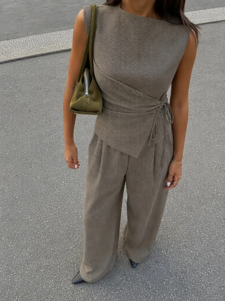 Houndstooth Boat Neck Tie Top & Mid Rise Straight Leg Trousers Set
