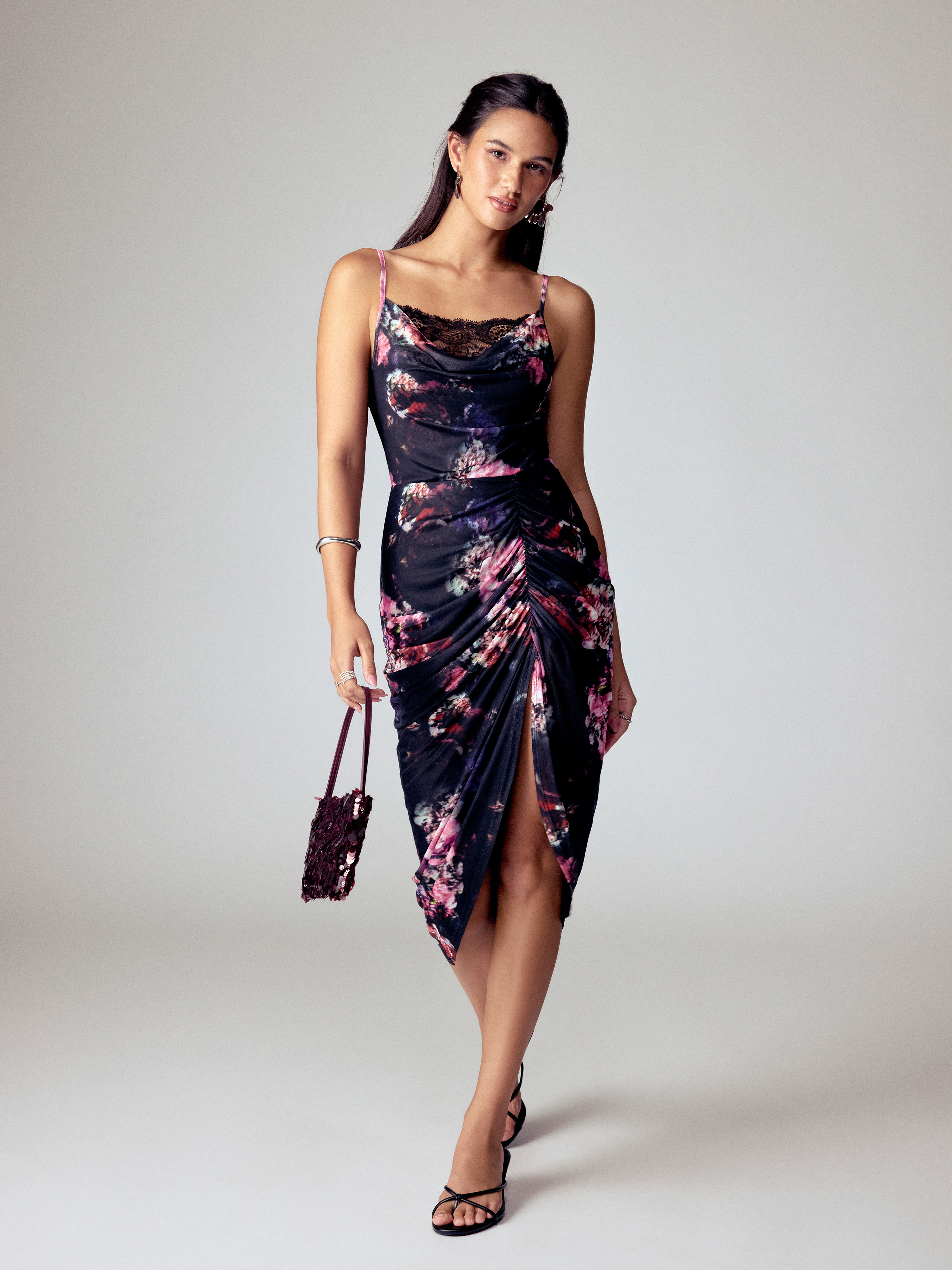 Mesh Floral Cowl Neck Ruched Lace Trim Split Bodycon Midi Dress