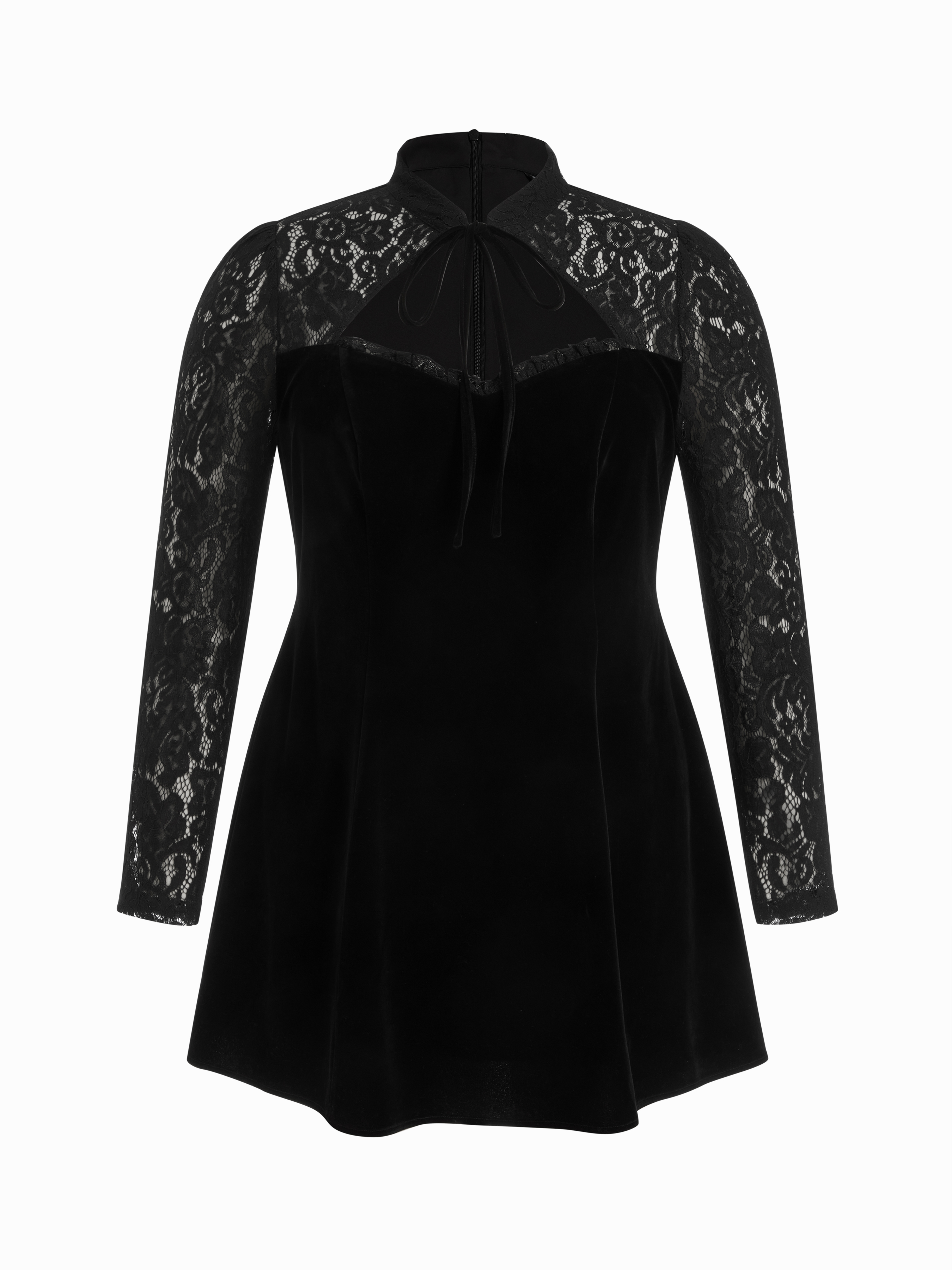 Velvet Stand Collar Long Sleeve Lace Mesh Knotted Mini Dress Curve & Plus