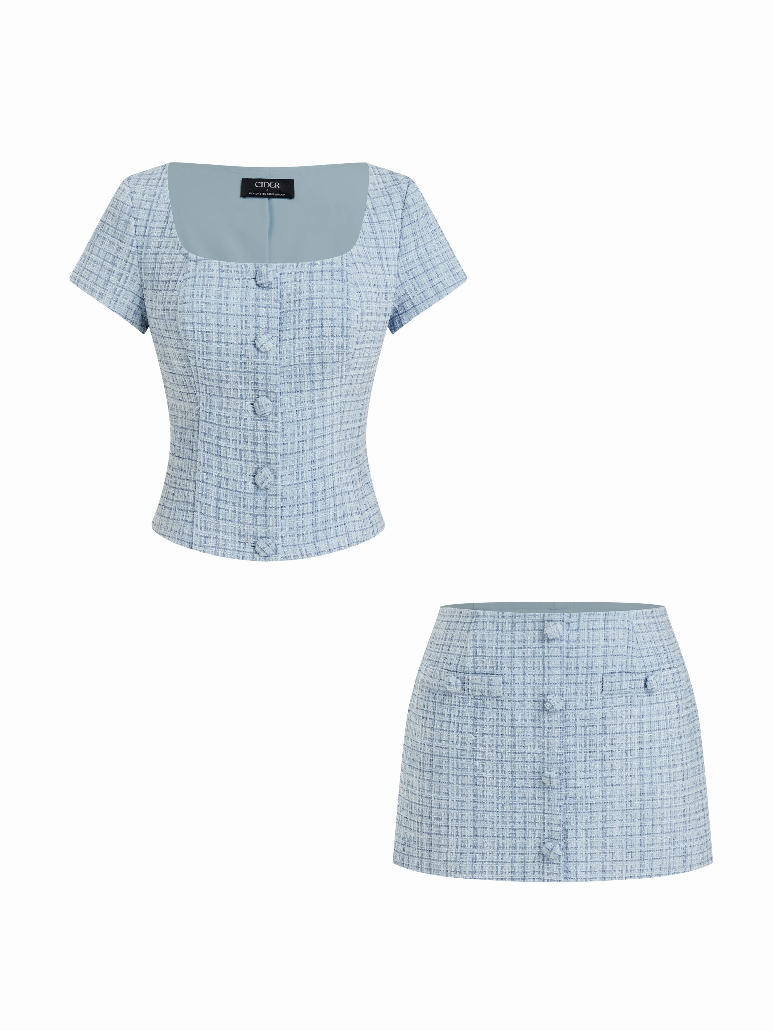 Tweed Square Neck Checks Top & Mid Rise Mini Skirt Set
