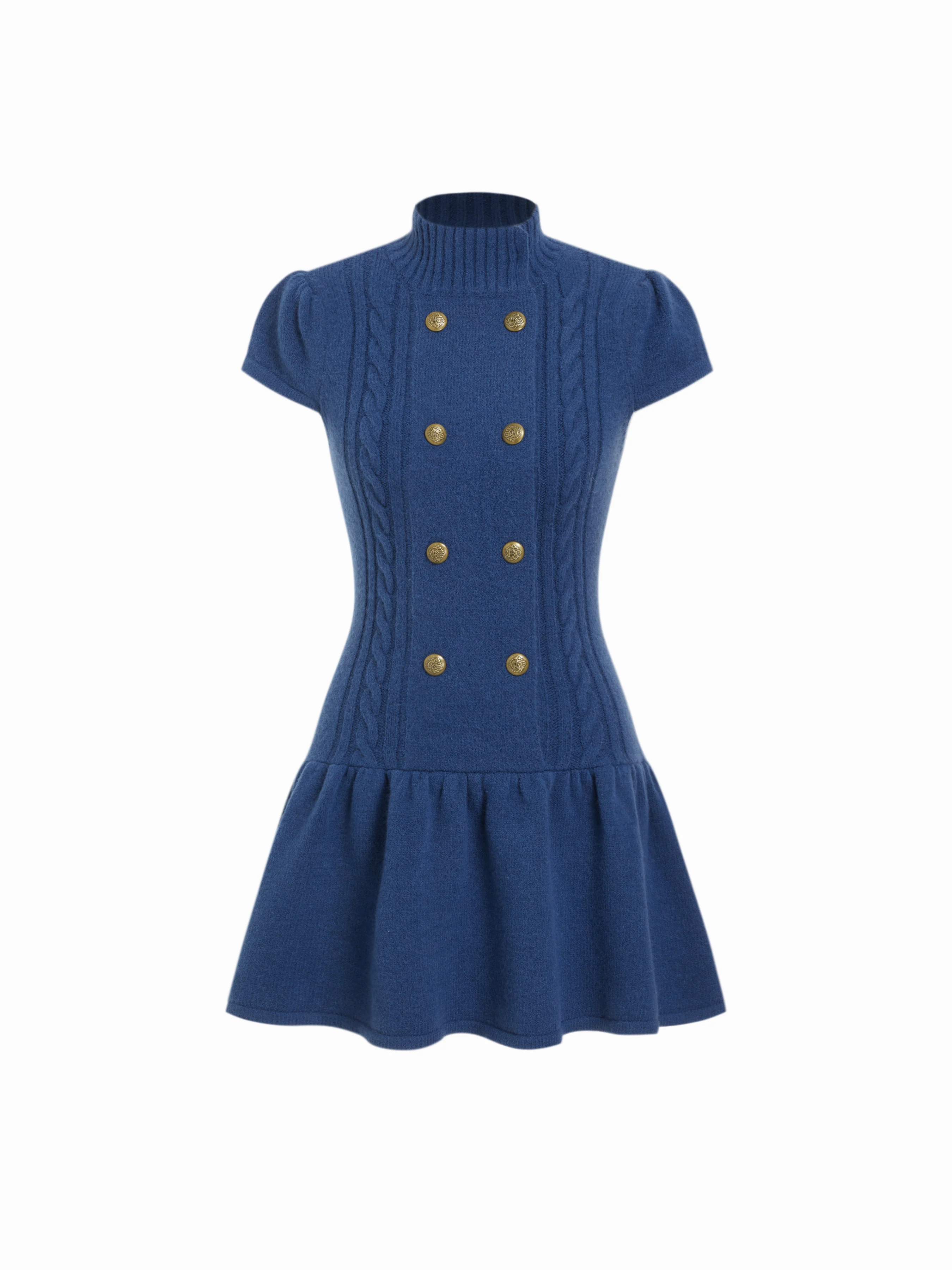 Cable Knit Stand Collar Puff Sleeve Metal Detail Flared Mini Dress