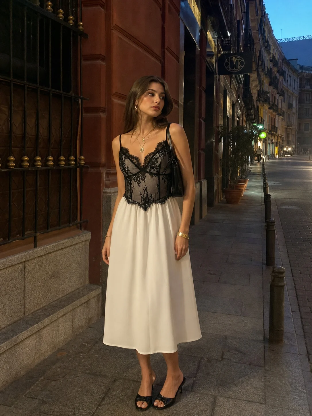 Lace V-neck Contrast Lace Panel A-line Cami Midi Dress
