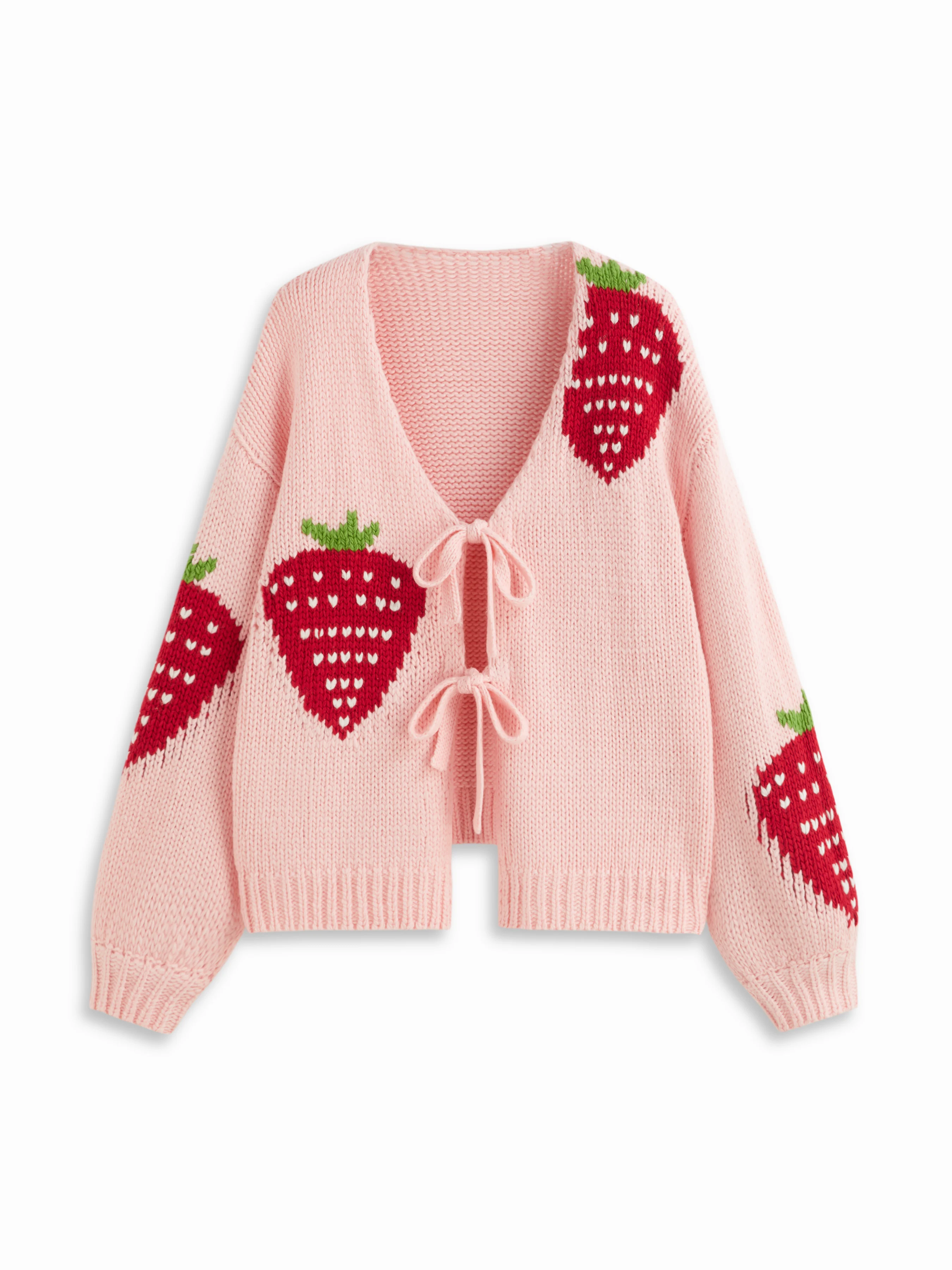 Knit Strawberry Graphic V-neck Lantern Sleeve Tie Front Oversized Cardigan Curve & Plus