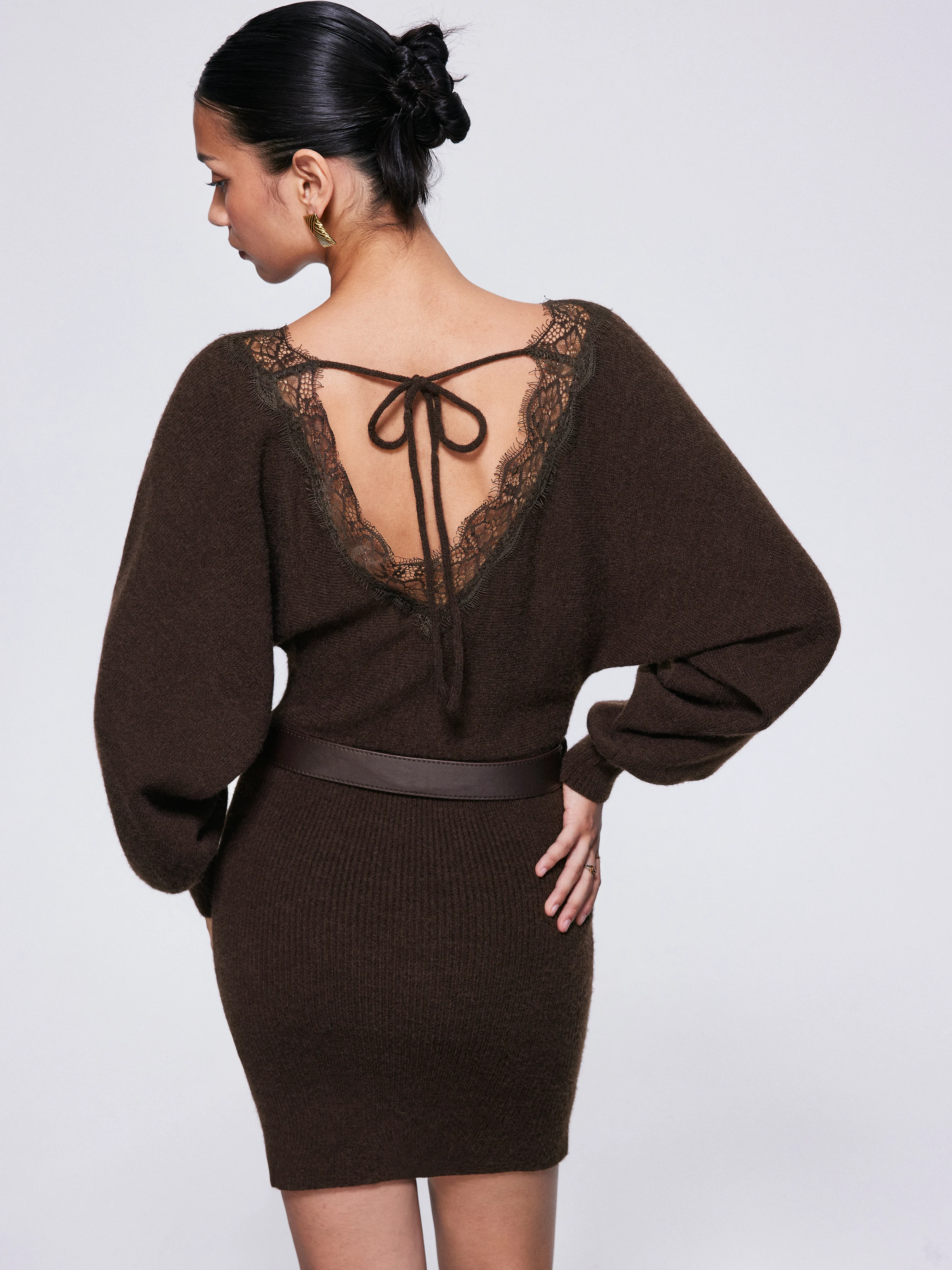 Knit Boat Neck Lantern Sleeve Lace Panel Bodycon Mini Dress With Belt