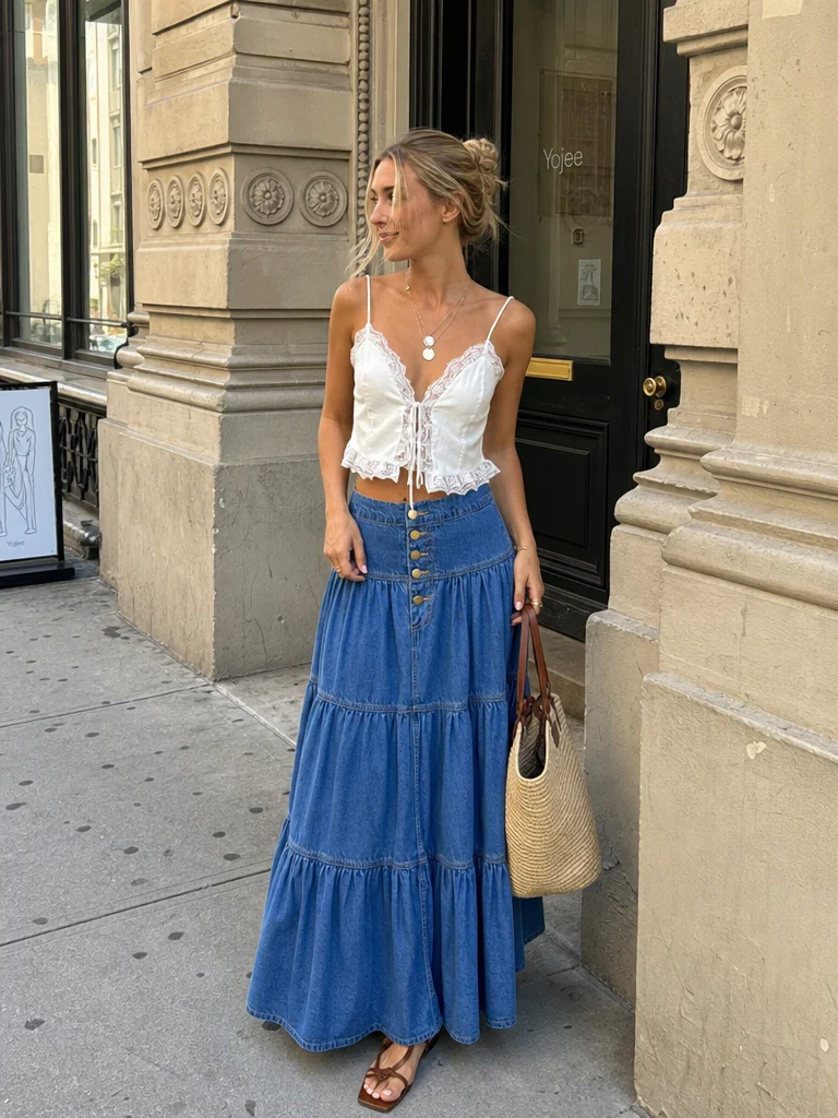 Denim High Rise Solid Tiered Button Pocket Maxi Skirt