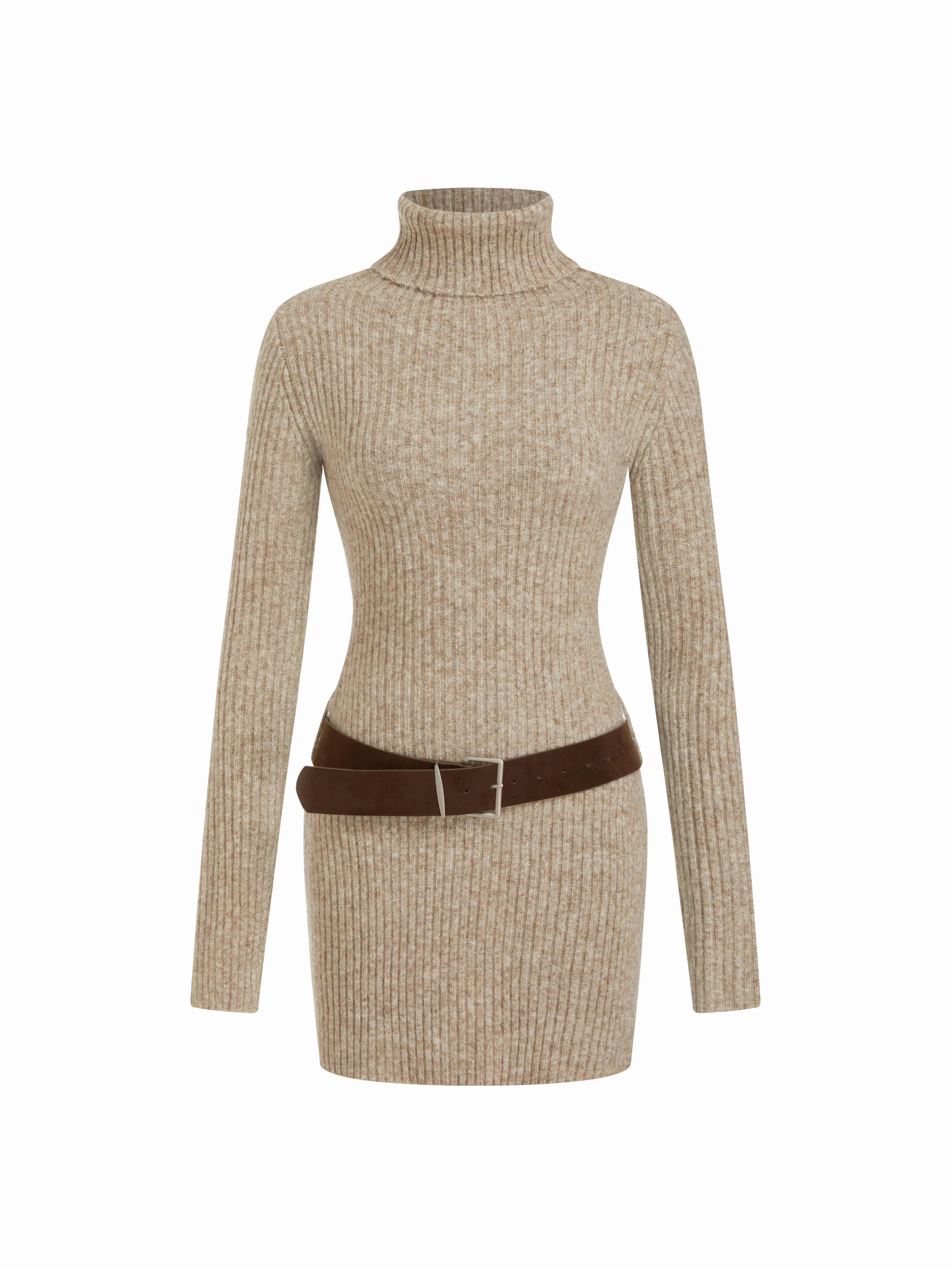Knit Wool-blend High Neck Bodycon Mini Dress With Belt