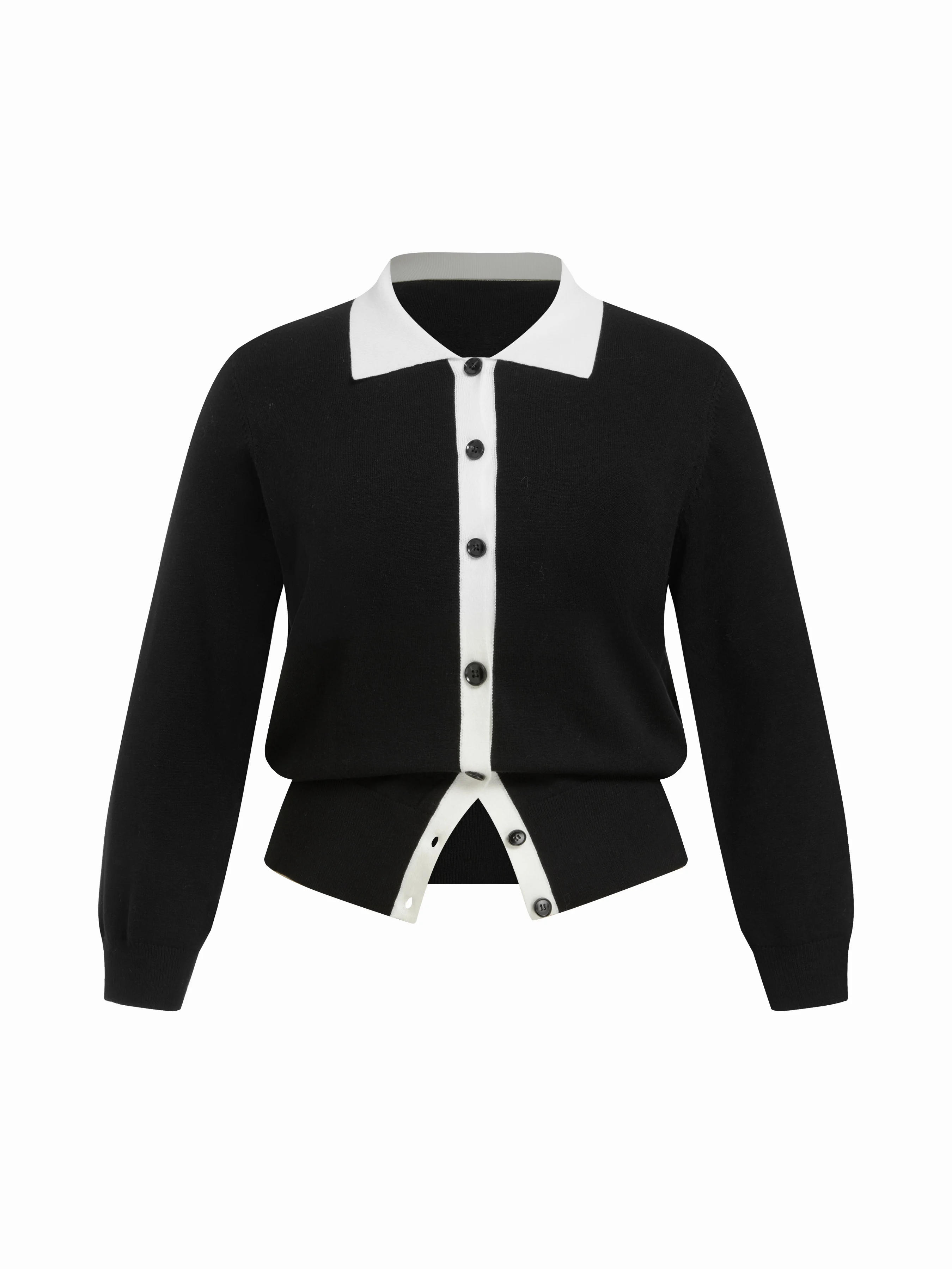 Knit Collar Button Two Tone Long Sleeve Cardigan Curve & Plus